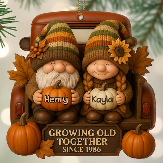 Growing Old Together With Gnomes And Autumn Leaves - Personalized Custom Wood Ornament, Custom Shaped - CPL596_WDO