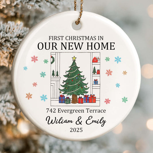 First Christmas In Our New Home With Christmas Tree And Gifts - Personalized Custom Ceramic Ornament With Round Shape - FAM625_RCE