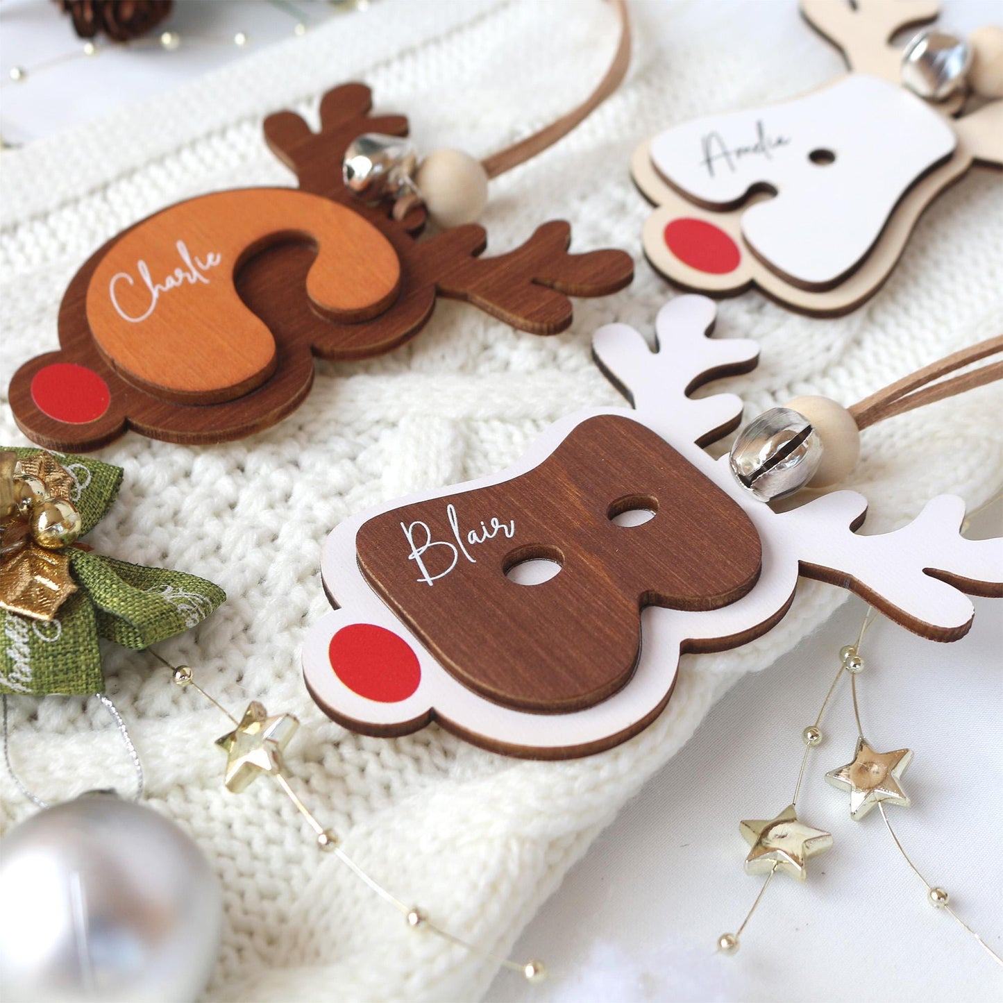 Personalized Reindeer Christmas Stocking Tag: Wooden Name Ornament