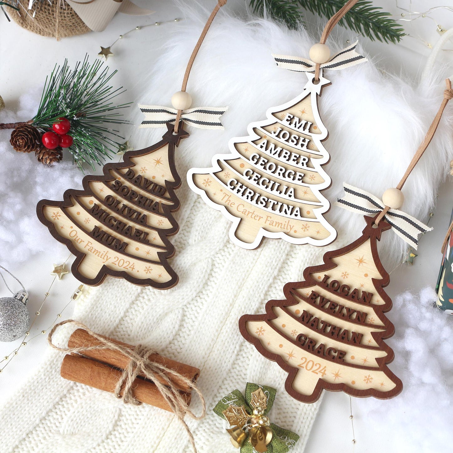 Personalized Wooden Family Christmas Ornament: Laser-Cut Tree Decor