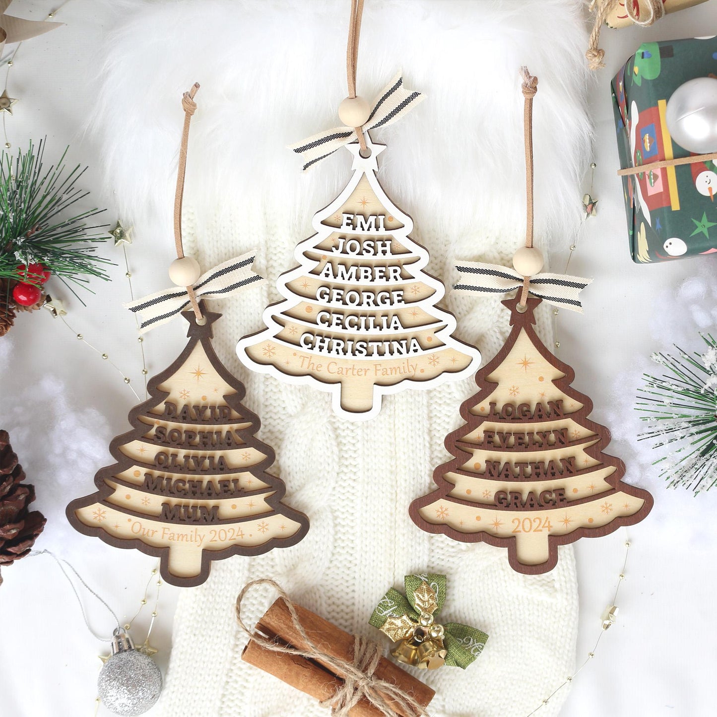 Personalized Wooden Family Christmas Ornament: Laser-Cut Tree Decor
