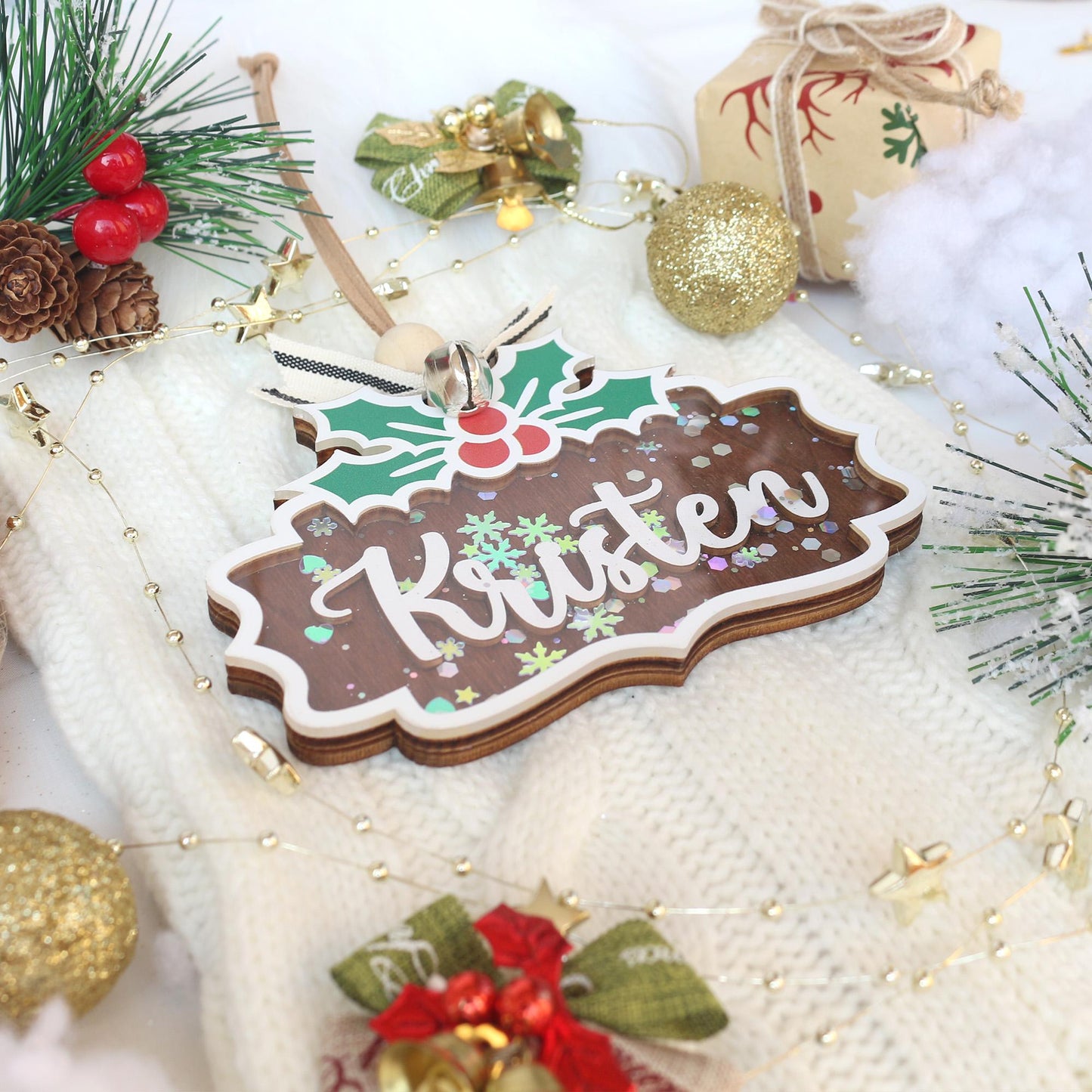 Personalized Wooden Christmas Ornament: Stocking Tag, Gift Tag