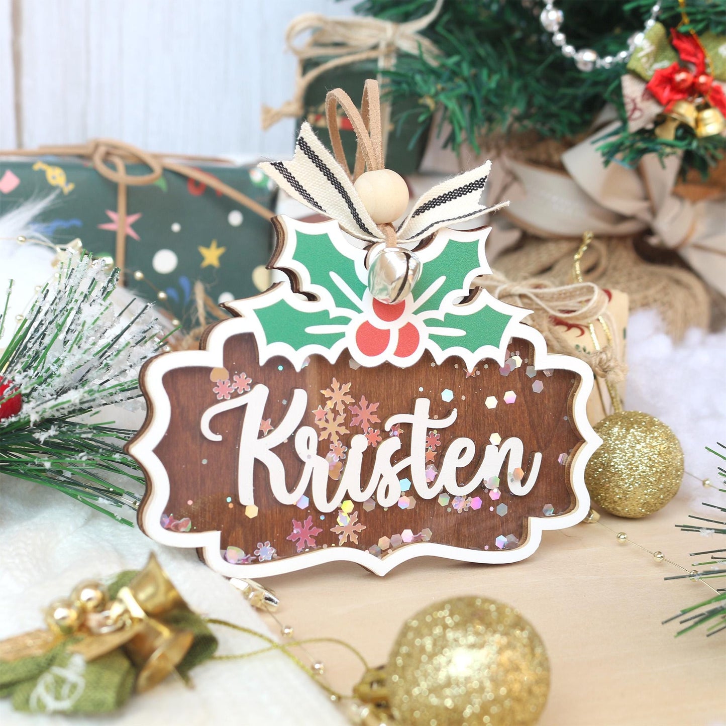 Personalized Wooden Christmas Ornament: Stocking Tag, Gift Tag