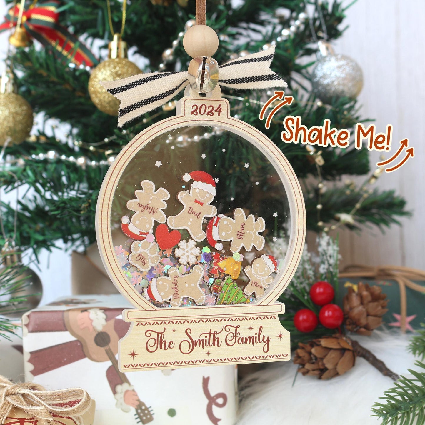 Personalized Gingerbread Family Christmas Ornament: Custom Acrylic Cookie, Up to 10 Names