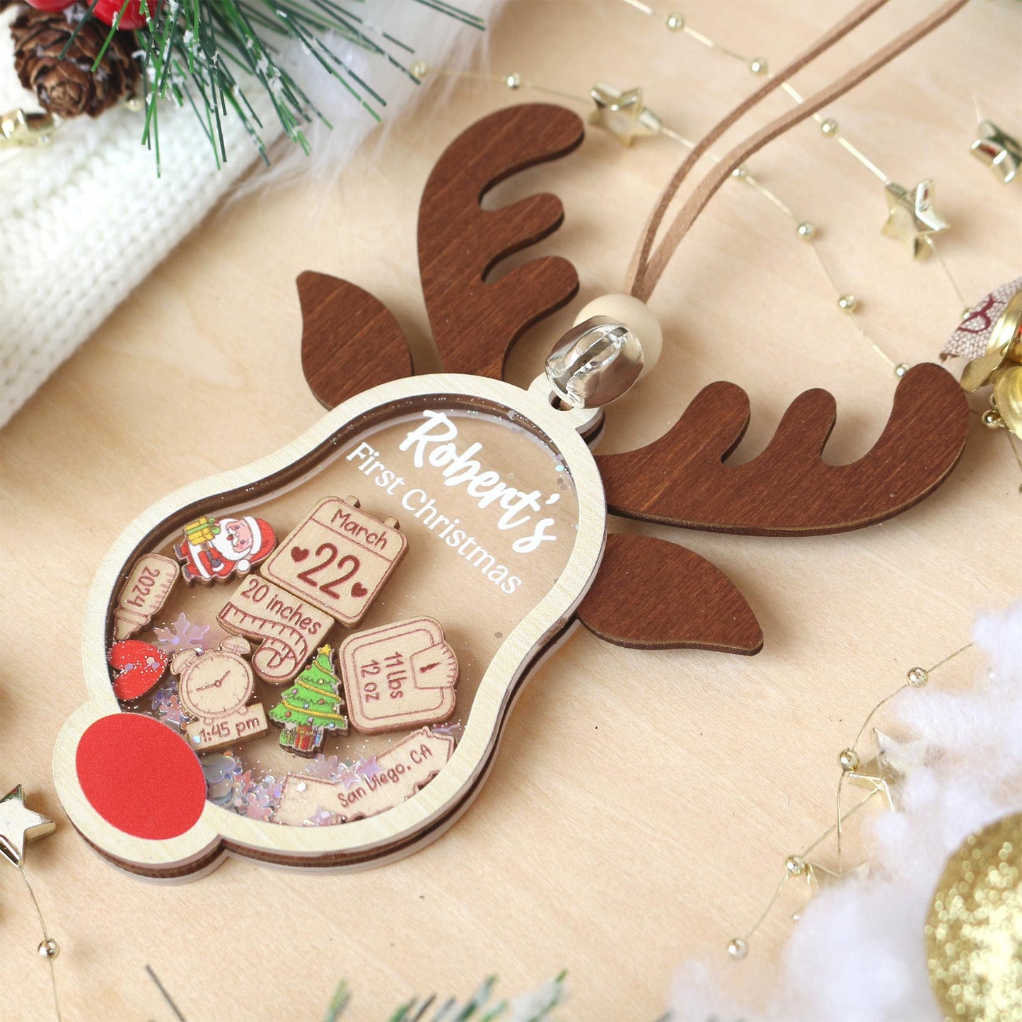 Personalized Baby's First Christmas Ornament 2025: Shakeable Acrylic & Wood Keepsake
