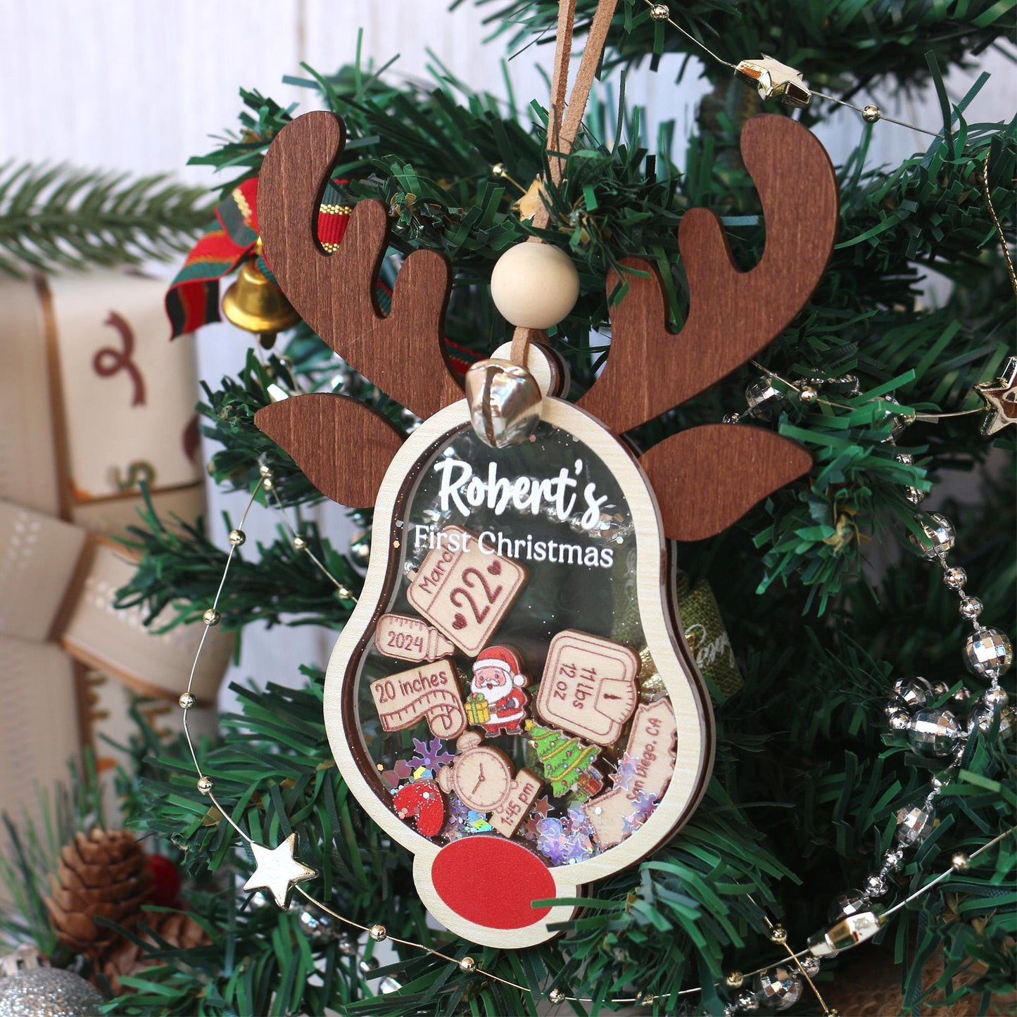 Personalized Baby's First Christmas Ornament 2025: Shakeable Acrylic & Wood Keepsake