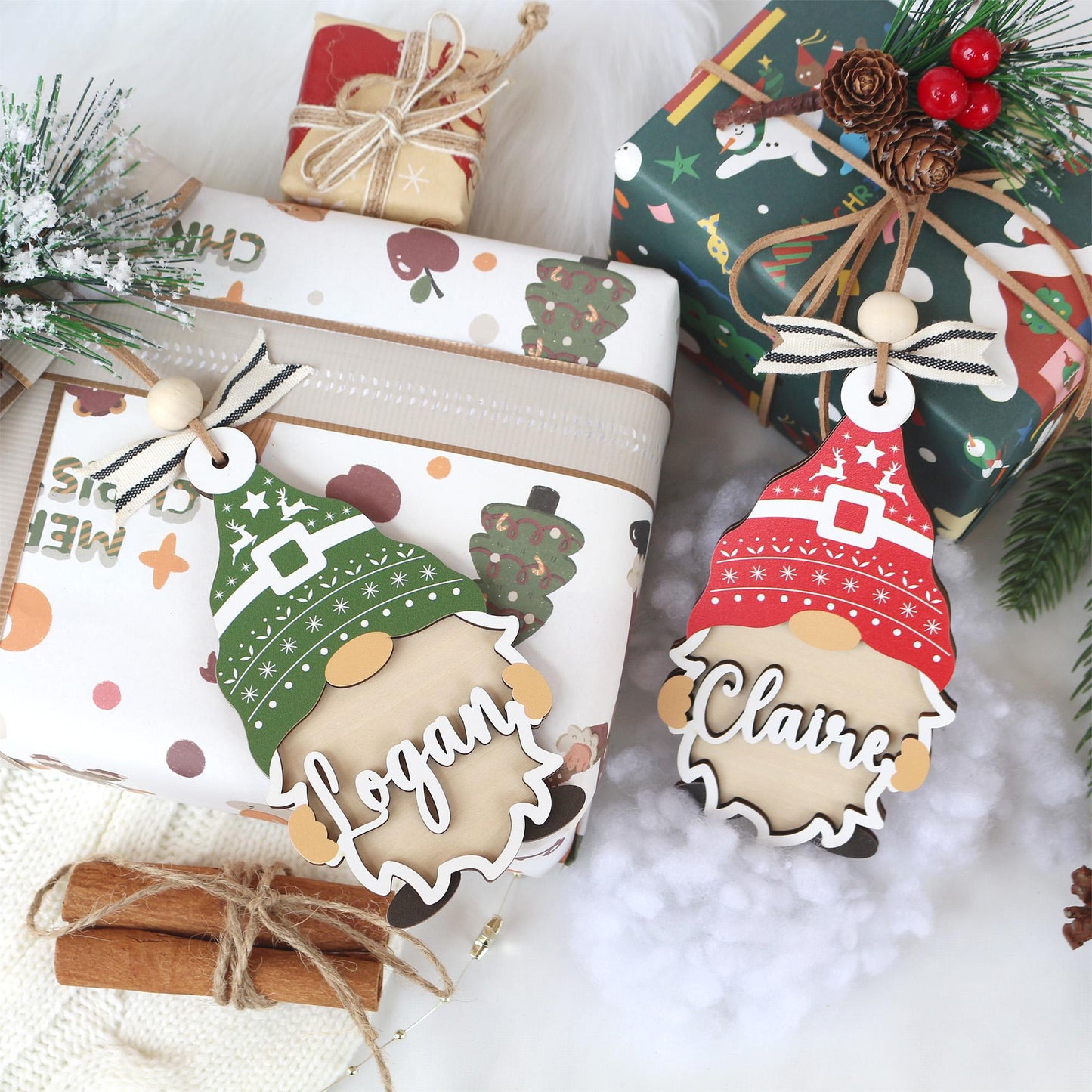 Personalized Christmas Ornament: Wooden Gnome Stocking Tag