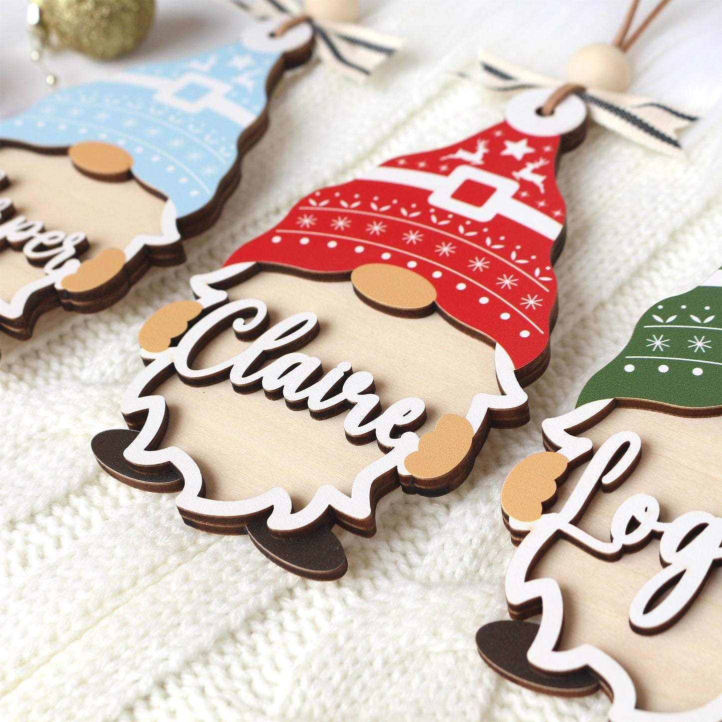 Personalized Christmas Ornament: Wooden Gnome Stocking Tag