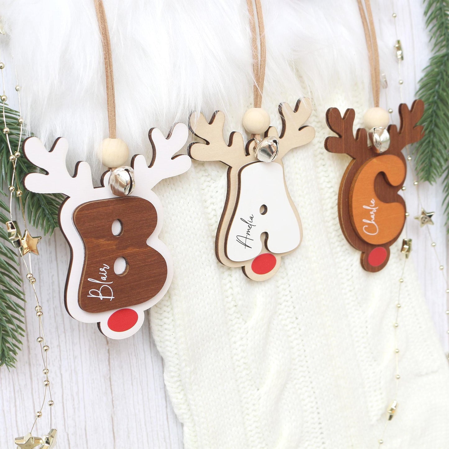 Personalized Reindeer Christmas Stocking Tag: Wooden Name Ornament
