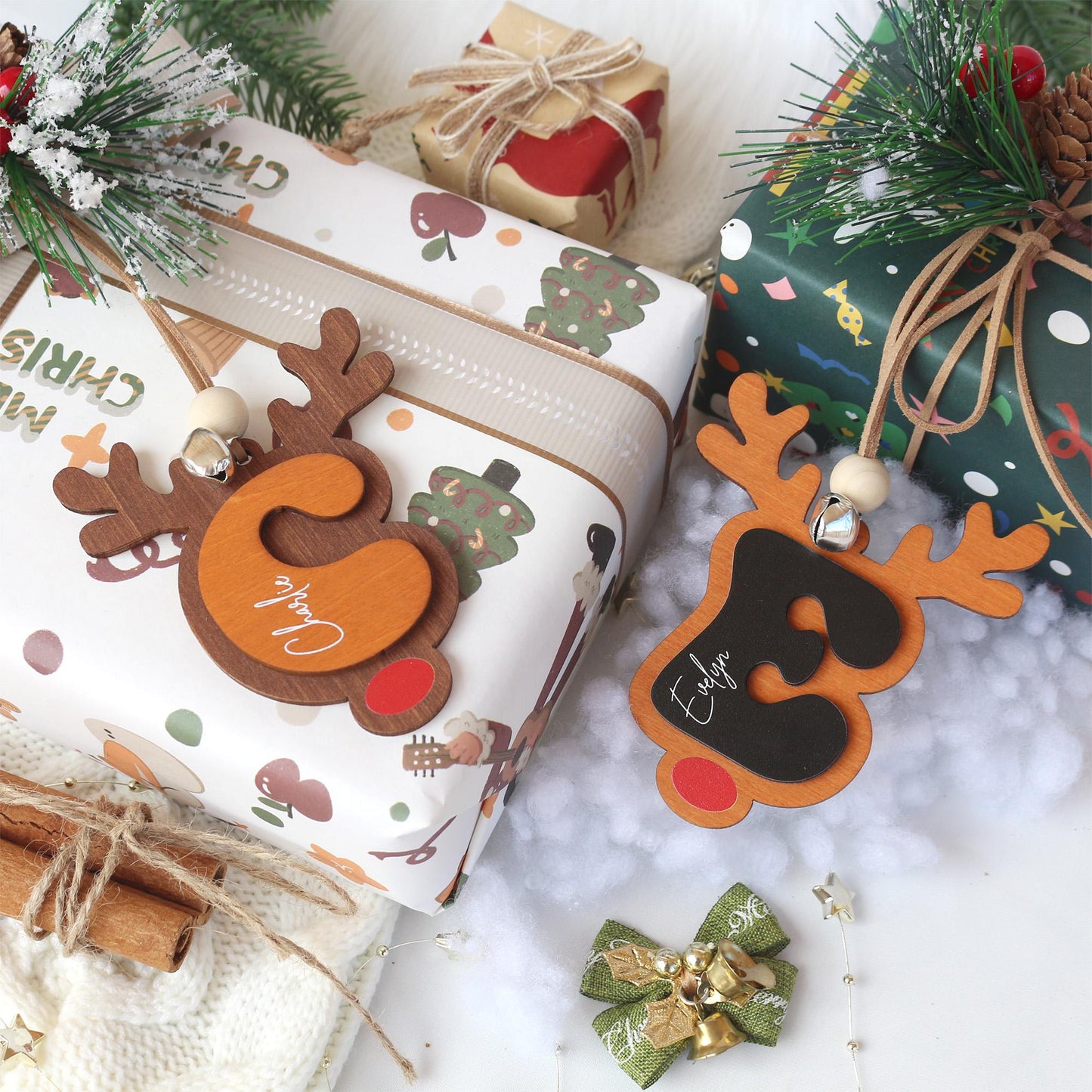Personalized Reindeer Christmas Stocking Tag: Wooden Name Ornament