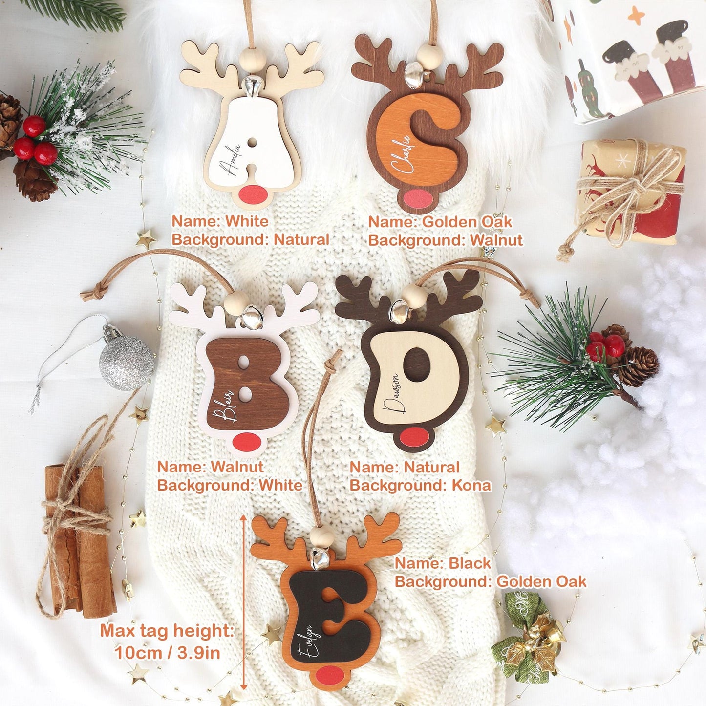 Personalized Reindeer Christmas Stocking Tag: Wooden Name Ornament