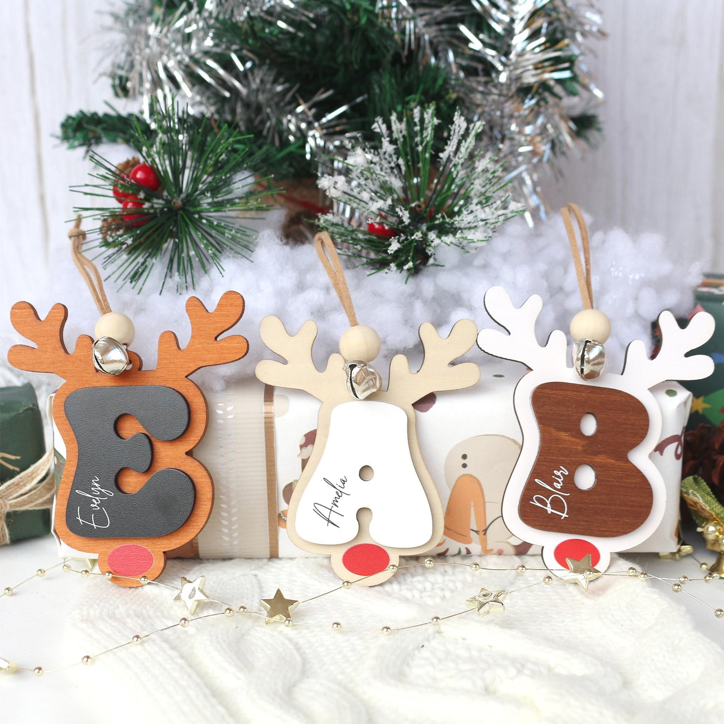 Personalized Reindeer Christmas Stocking Tag: Wooden Name Ornament