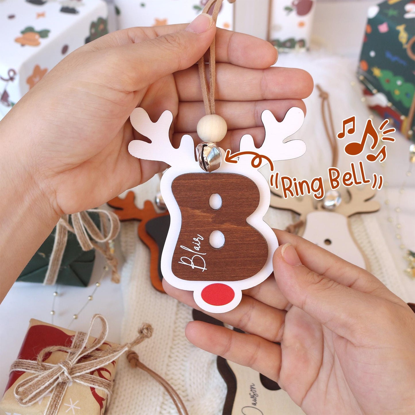 Personalized Reindeer Christmas Stocking Tag: Wooden Name Ornament