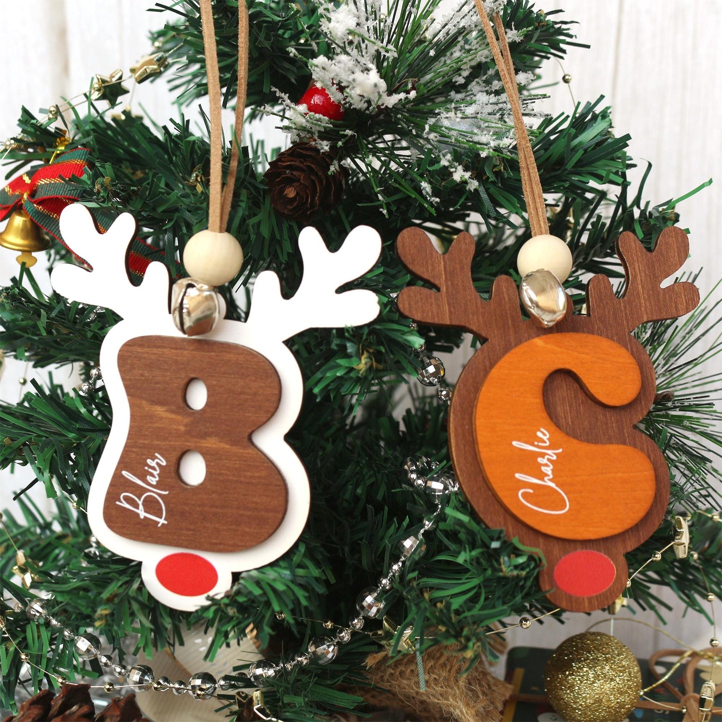 Personalized Reindeer Christmas Stocking Tag: Wooden Name Ornament