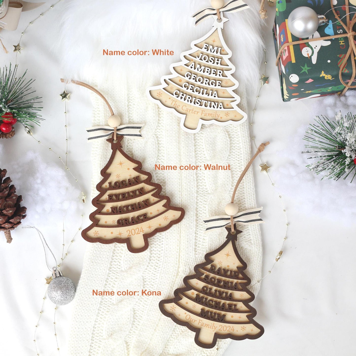 Personalized Wooden Family Christmas Ornament: Laser-Cut Tree Decor