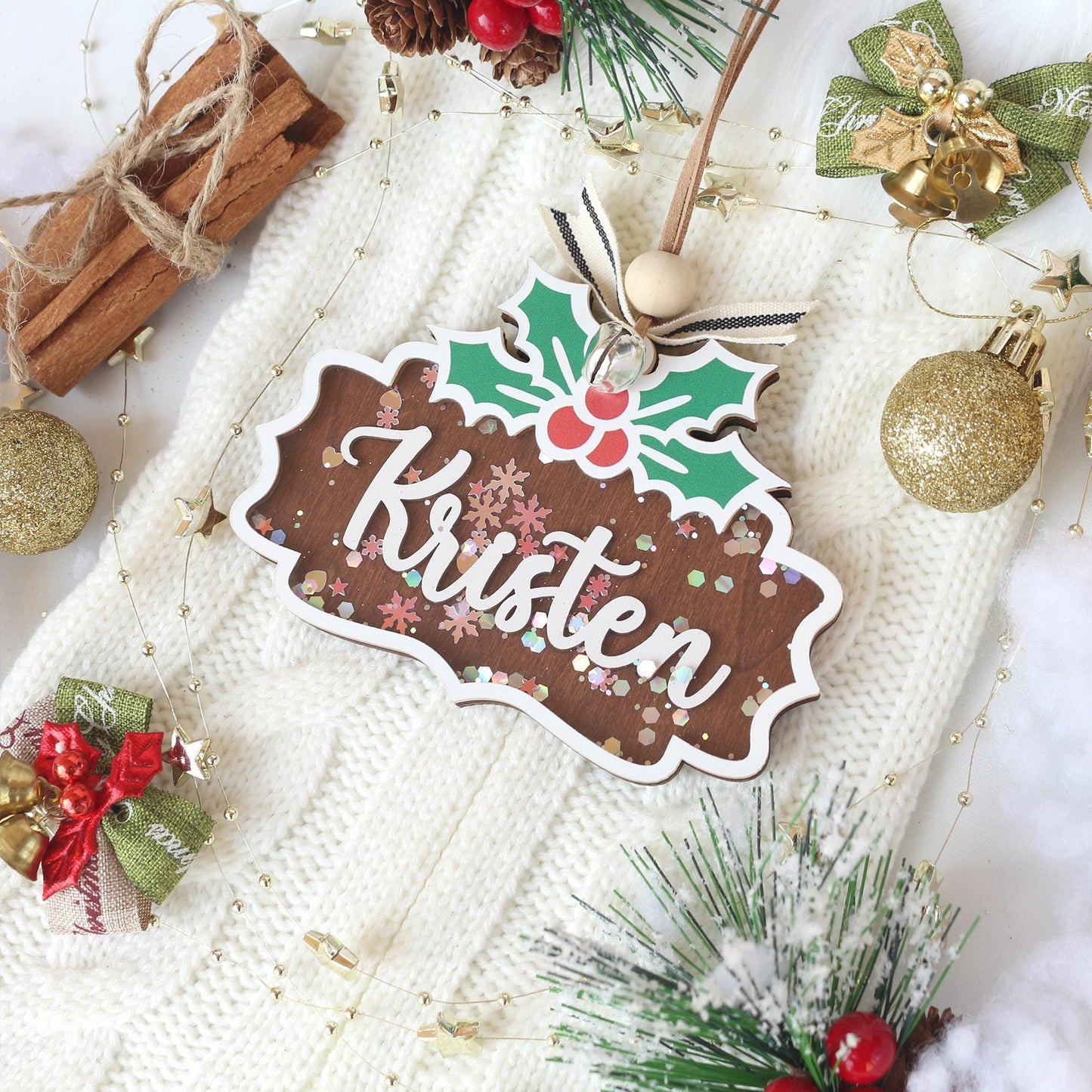 Personalized Wooden Christmas Ornament: Stocking Tag, Gift Tag