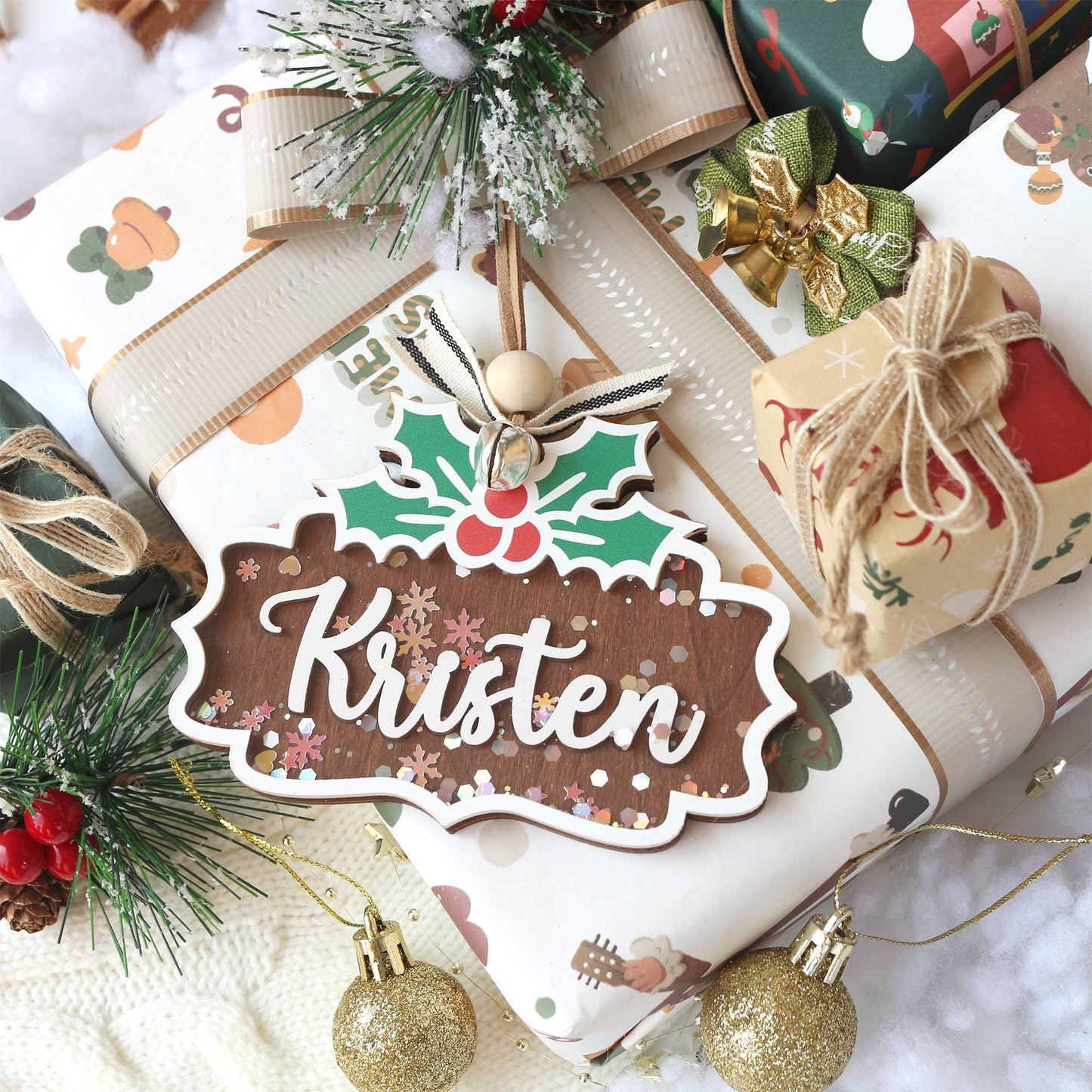 Personalized Wooden Christmas Ornament: Stocking Tag, Gift Tag