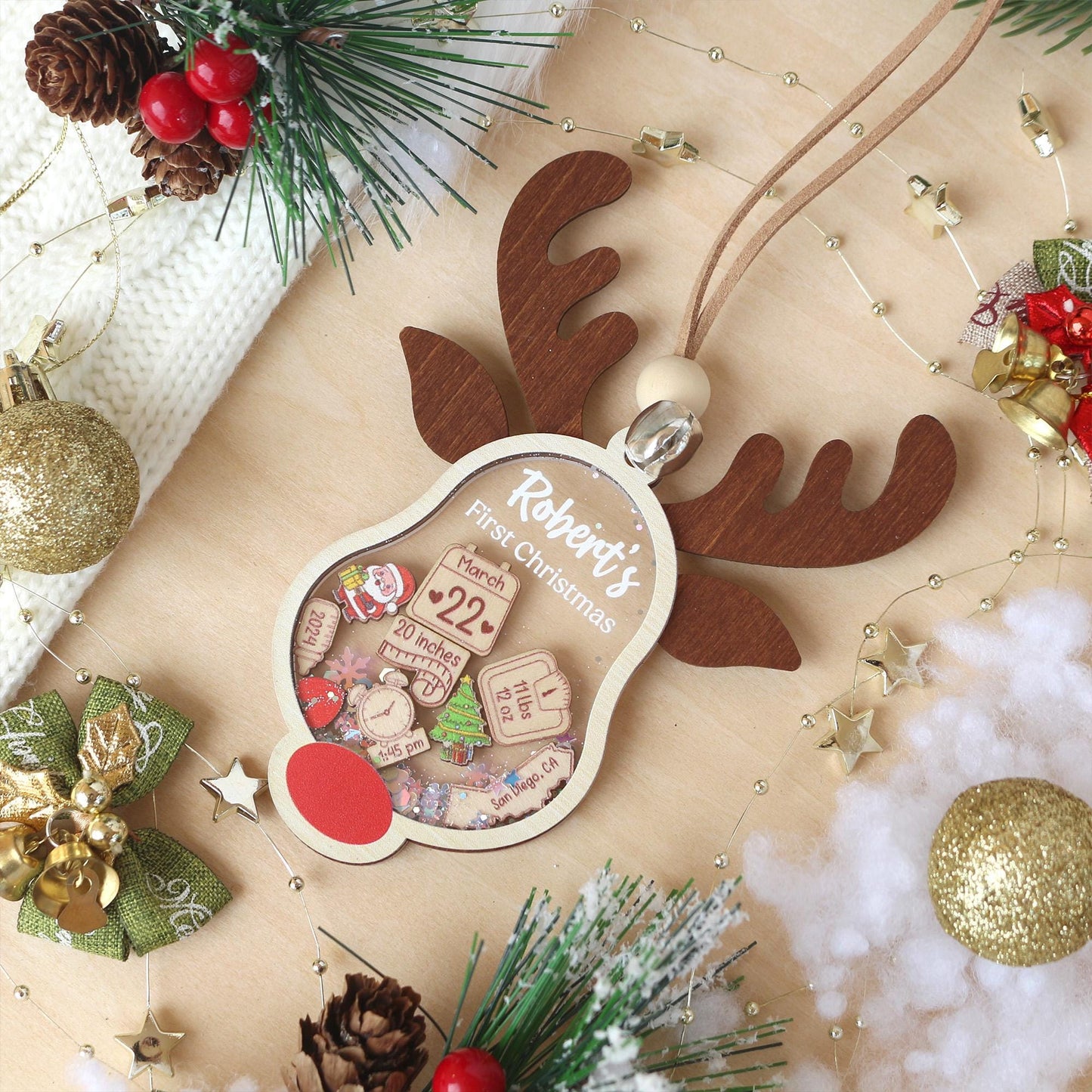 Personalized Baby's First Christmas Ornament 2025: Shakeable Acrylic & Wood Keepsake