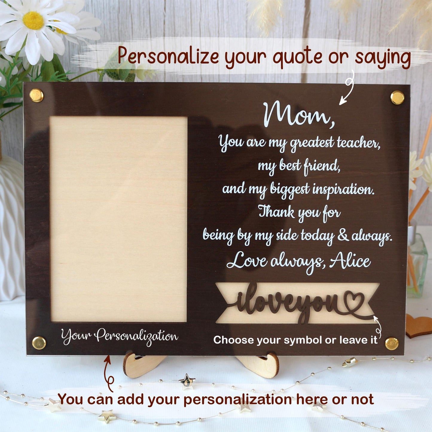 Personalized Photo Frame: Custom Quote, Baltic Birch Wood, Gift for Mom