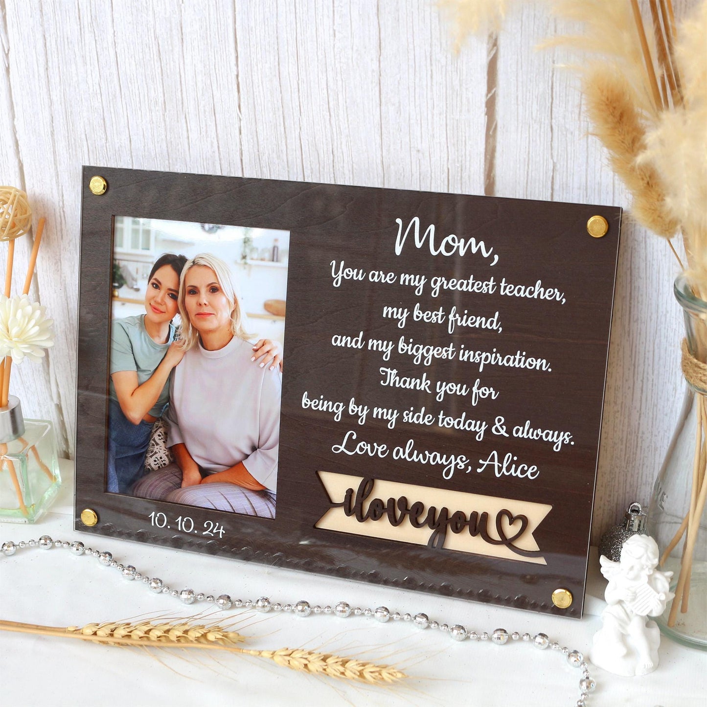 Personalized Photo Frame: Custom Quote, Baltic Birch Wood, Gift for Mom