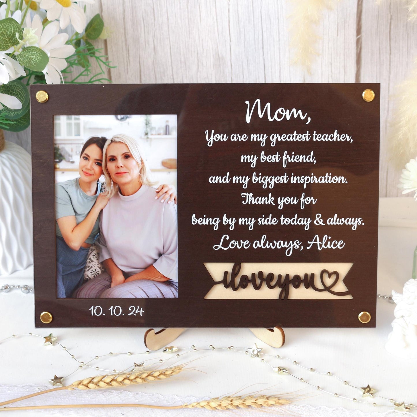 Personalized Photo Frame: Custom Quote, Baltic Birch Wood, Gift for Mom
