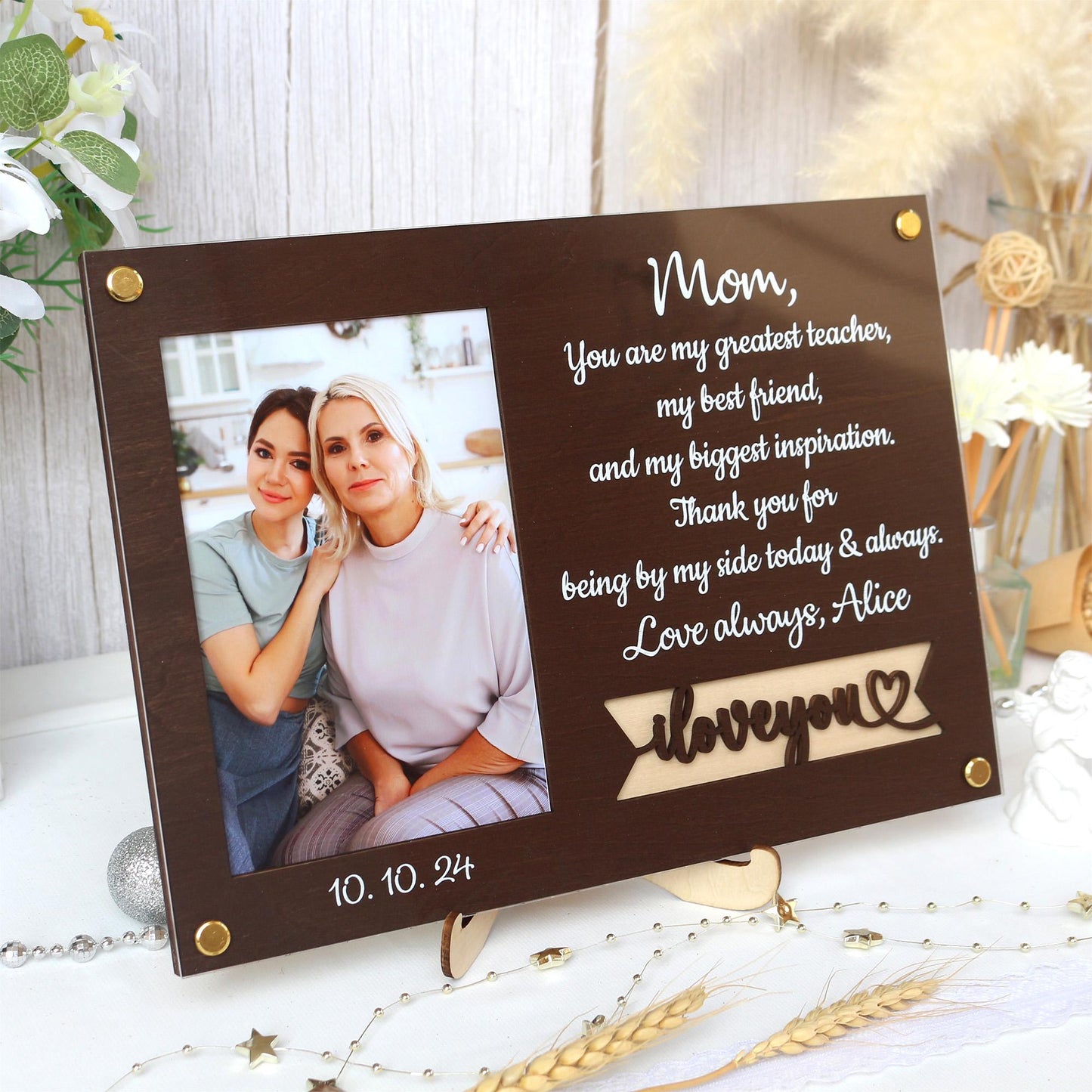 Personalized Photo Frame: Custom Quote, Baltic Birch Wood, Gift for Mom