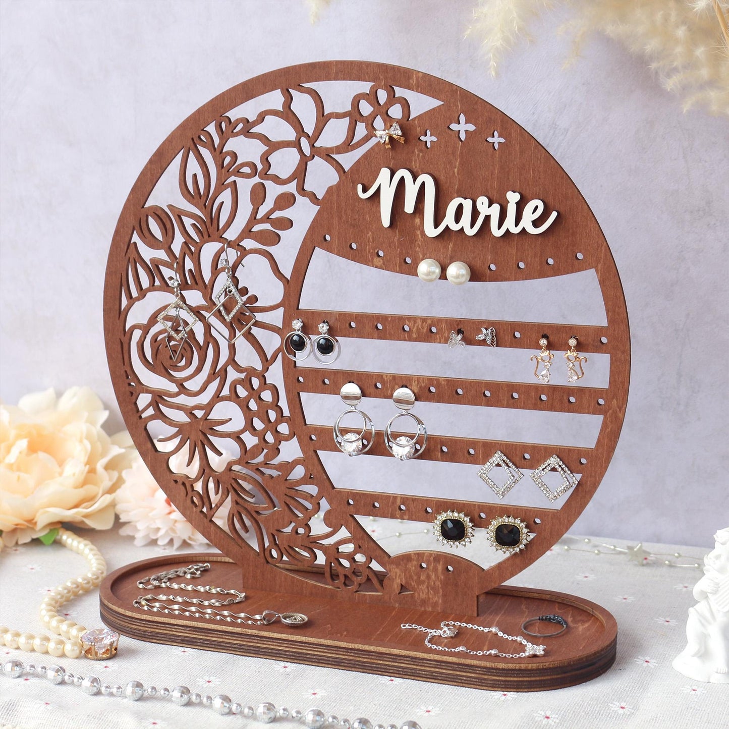 Personalized Wooden Earring Holder: Floral Jewelry Organizer Stand