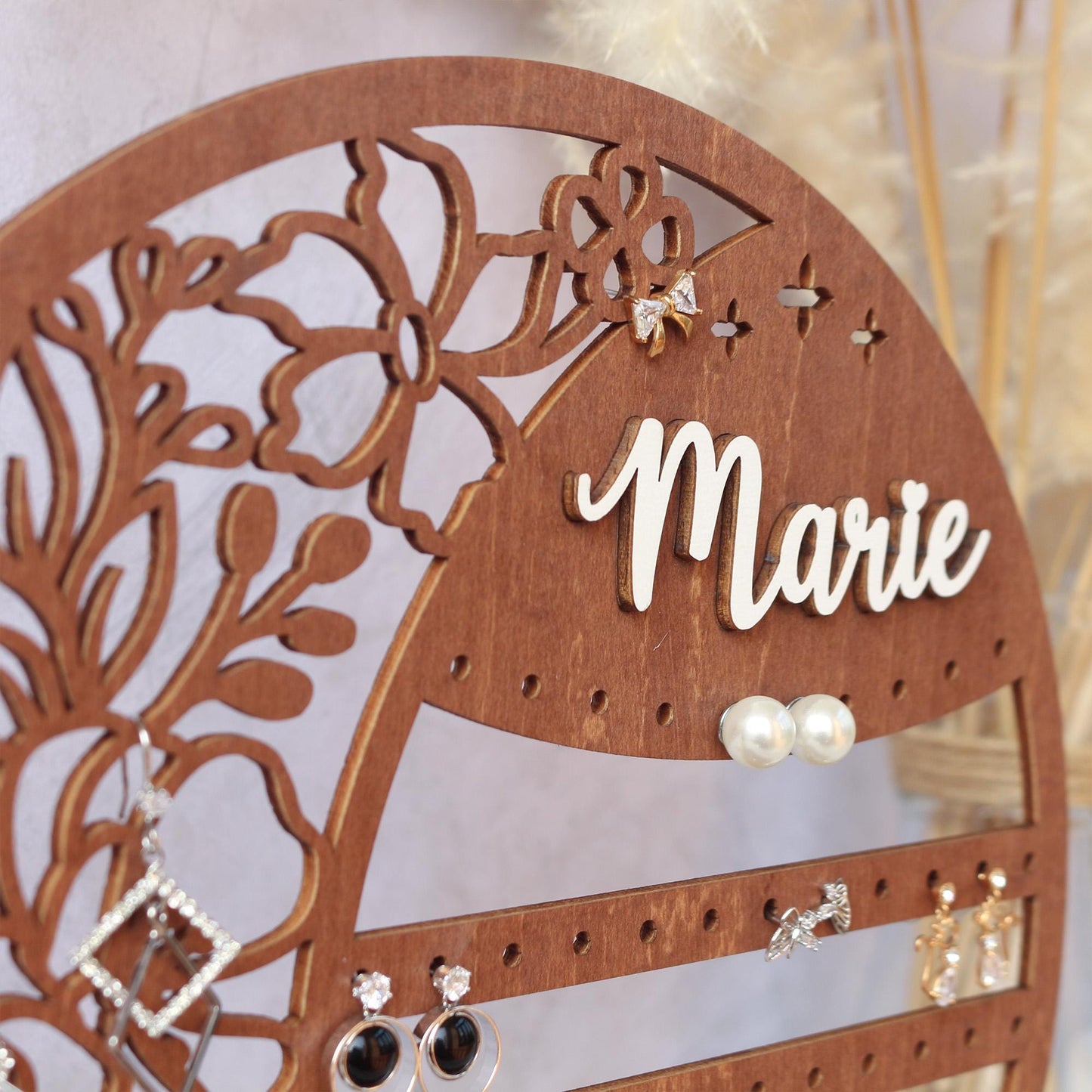 Personalized Wooden Earring Holder: Floral Jewelry Organizer Stand