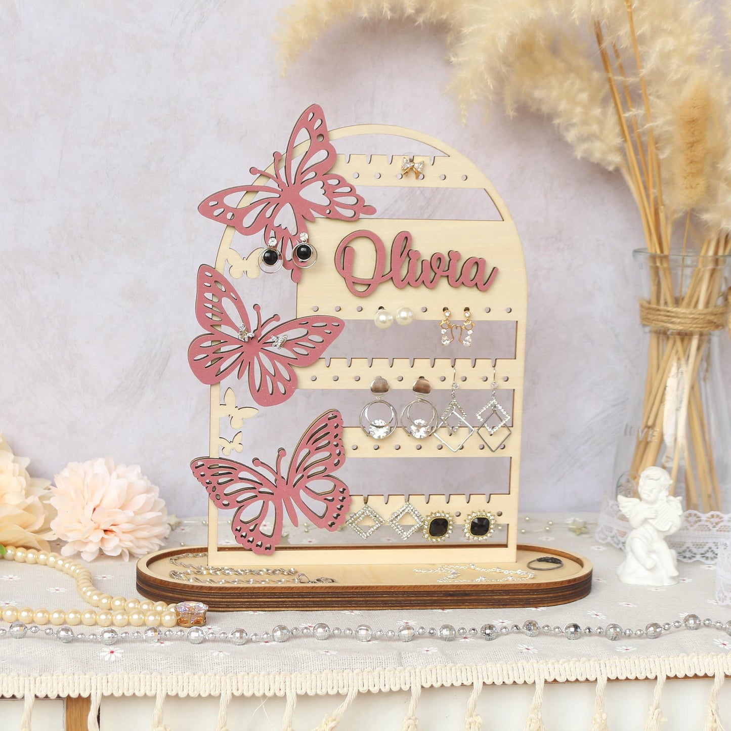 Personalized Wood Earring Holder: Butterfly Jewelry Organizer