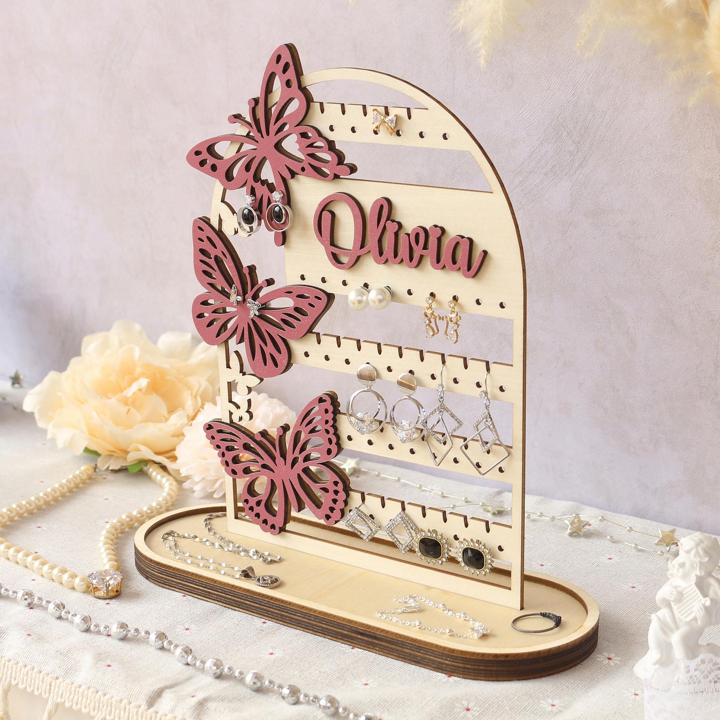 Personalized Wood Earring Holder: Butterfly Jewelry Organizer