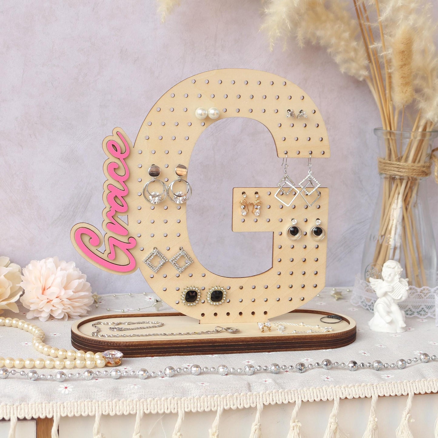 Personalized Wood Earring Holder: Wooden Jewelry Organizer