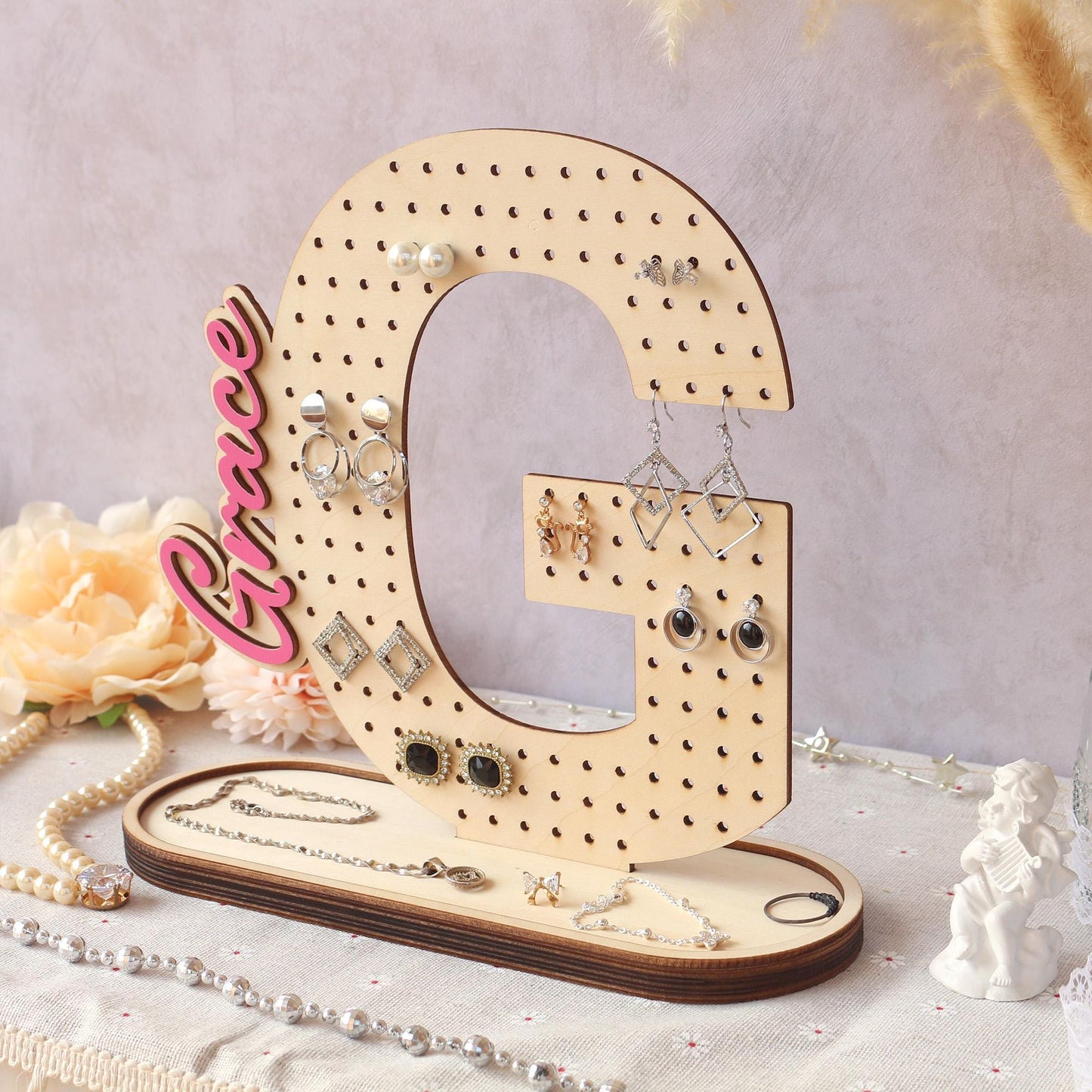 Personalized Wood Earring Holder: Wooden Jewelry Organizer