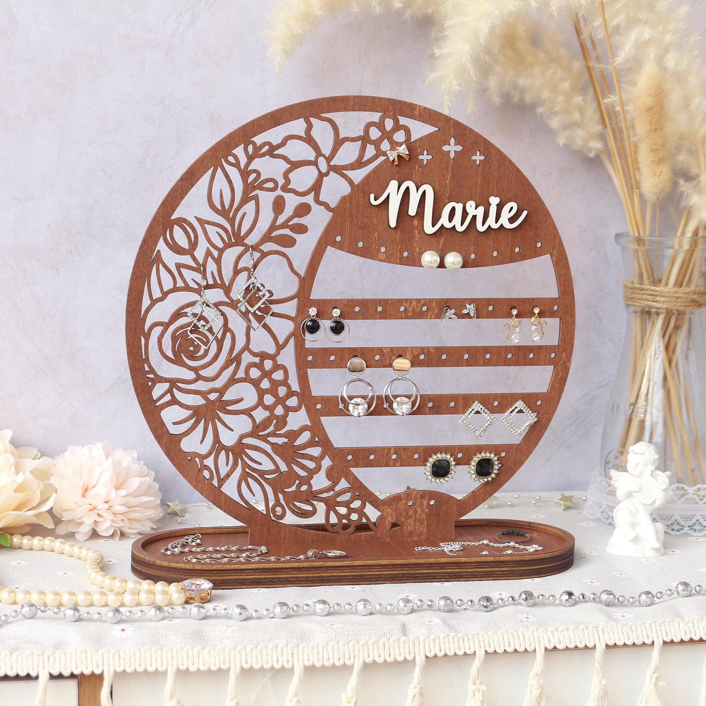 Personalized Wooden Earring Holder: Floral Jewelry Organizer Stand