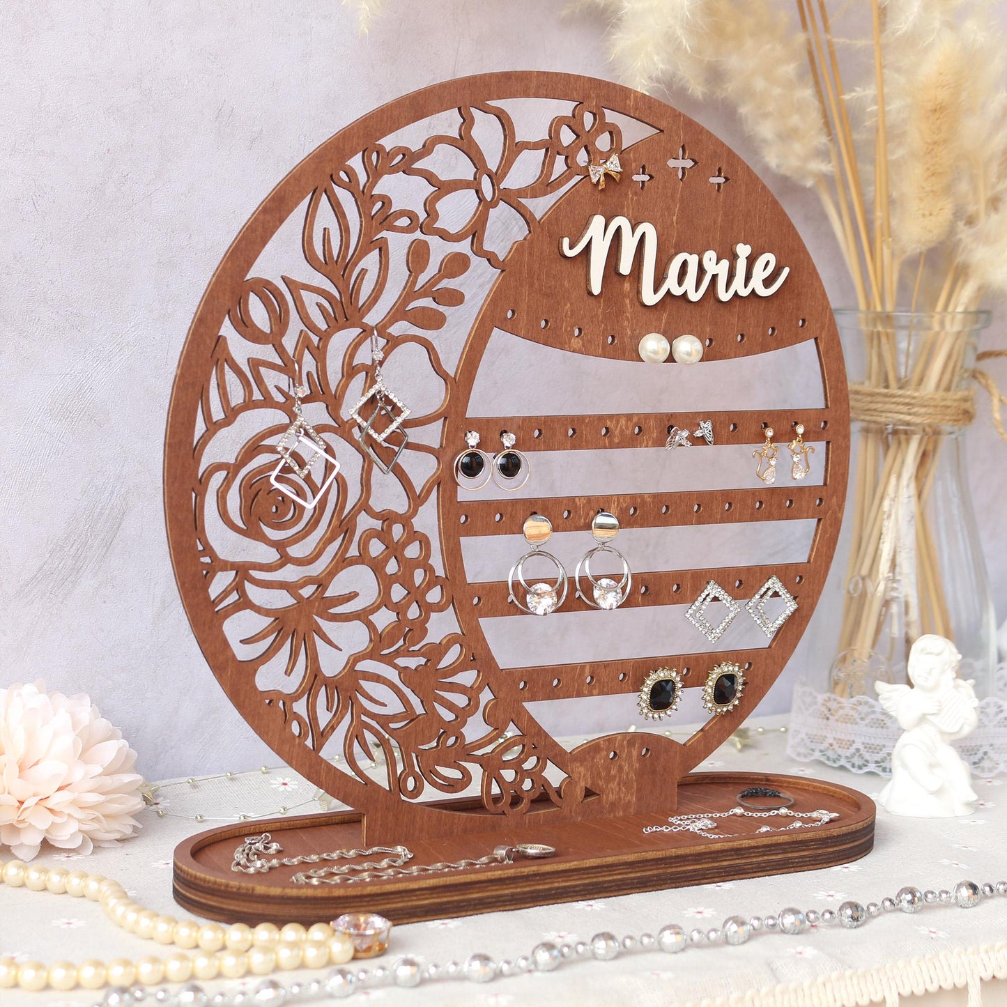 Personalized Wooden Earring Holder: Floral Jewelry Organizer Stand