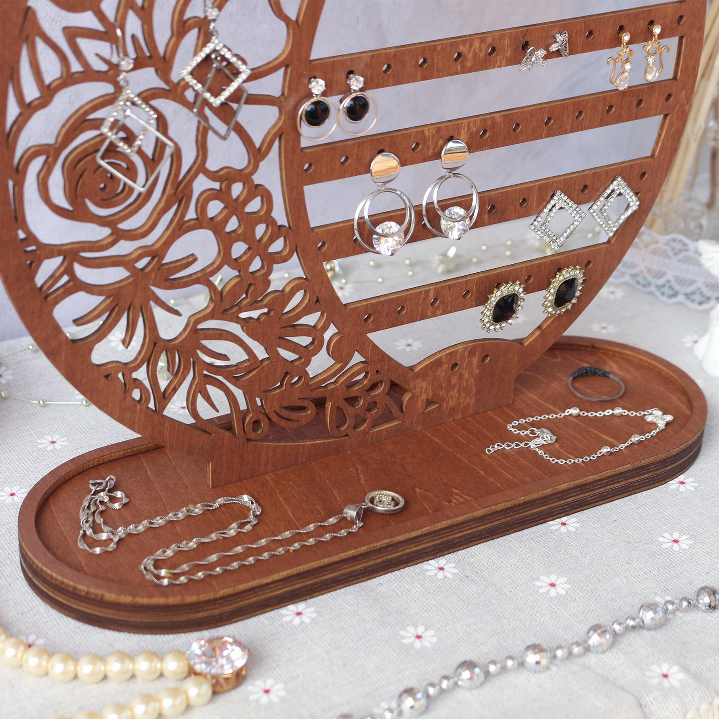 Personalized Wooden Earring Holder: Floral Jewelry Organizer Stand