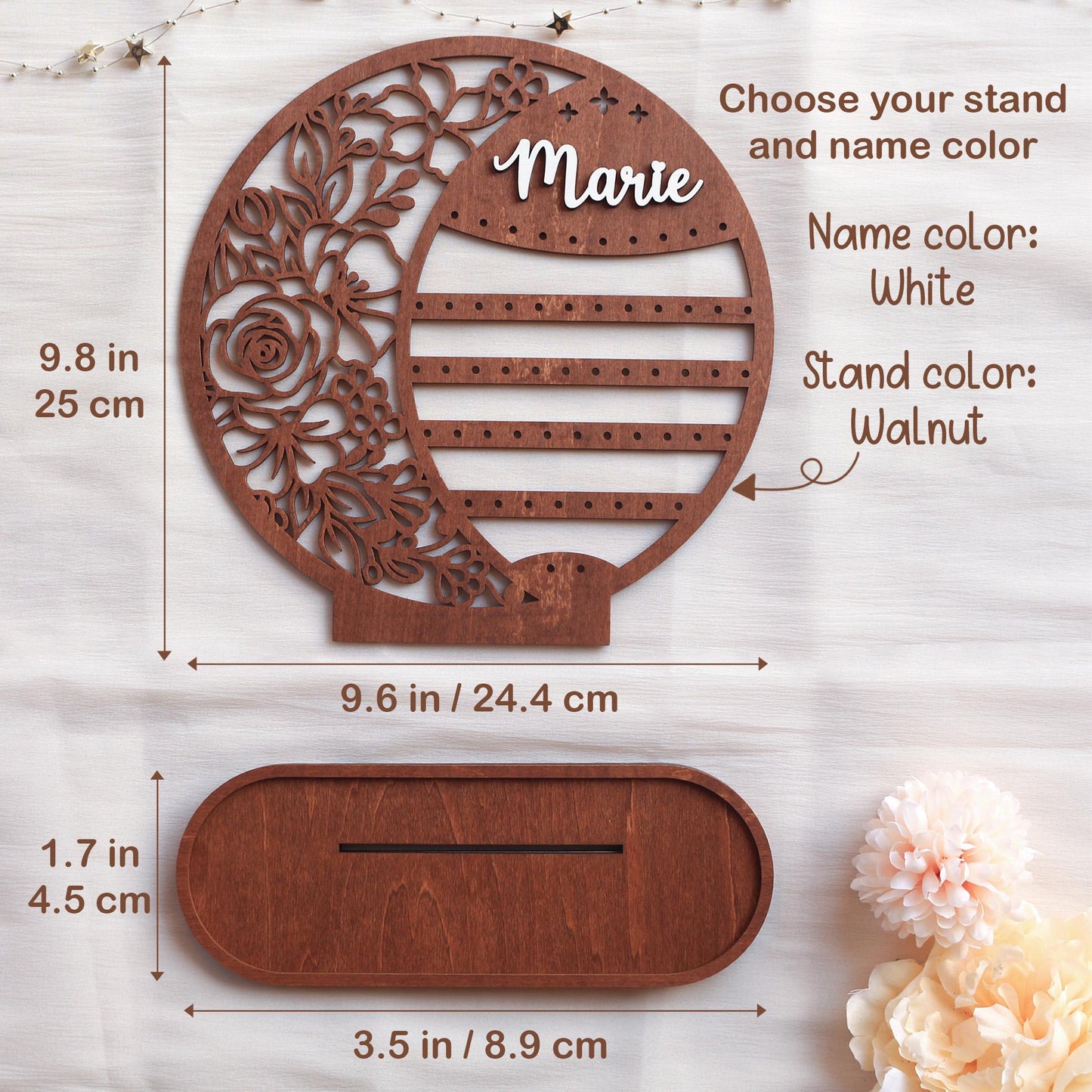 Personalized Wooden Earring Holder: Floral Jewelry Organizer Stand