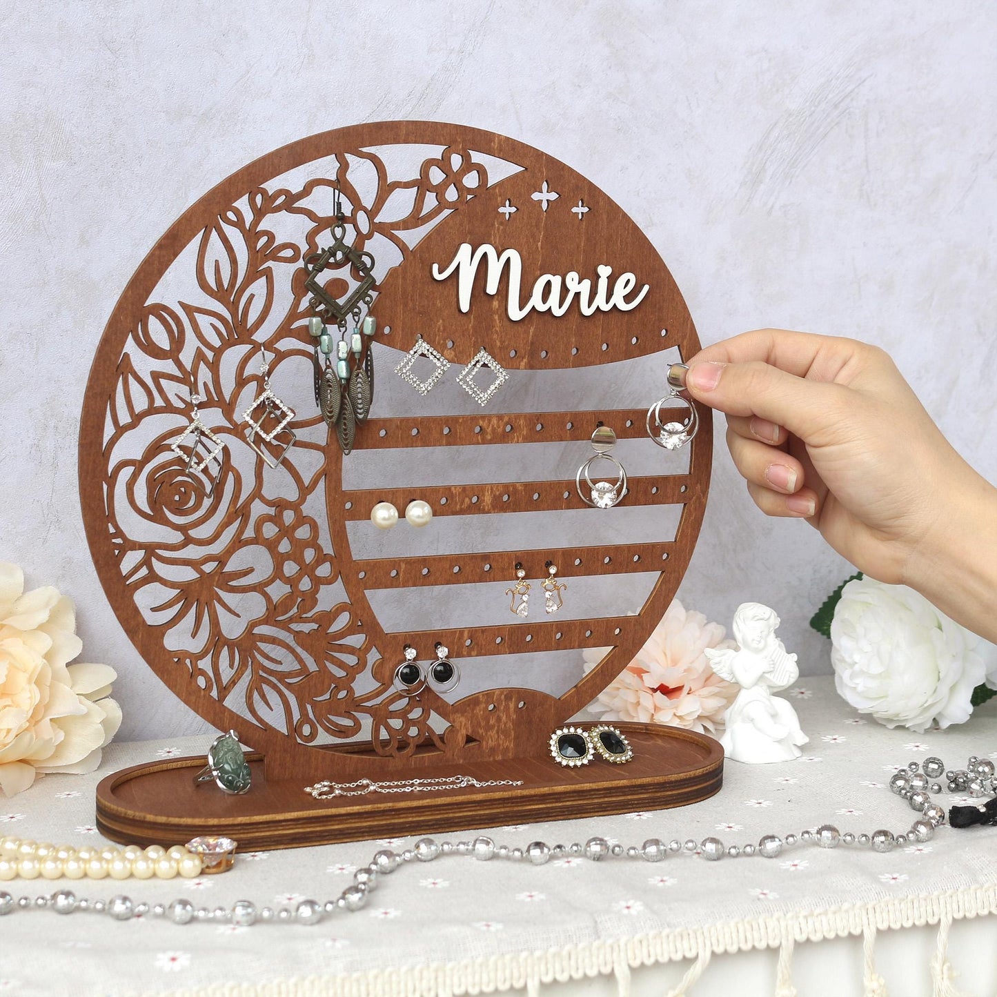 Personalized Wooden Earring Holder: Floral Jewelry Organizer Stand