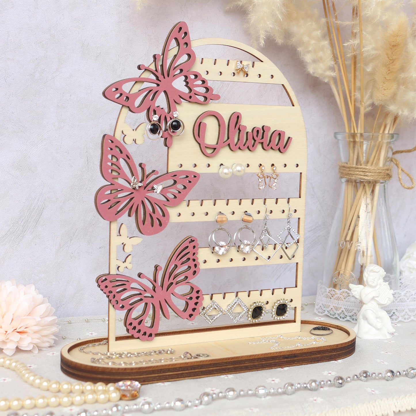 Personalized Wood Earring Holder: Butterfly Jewelry Organizer