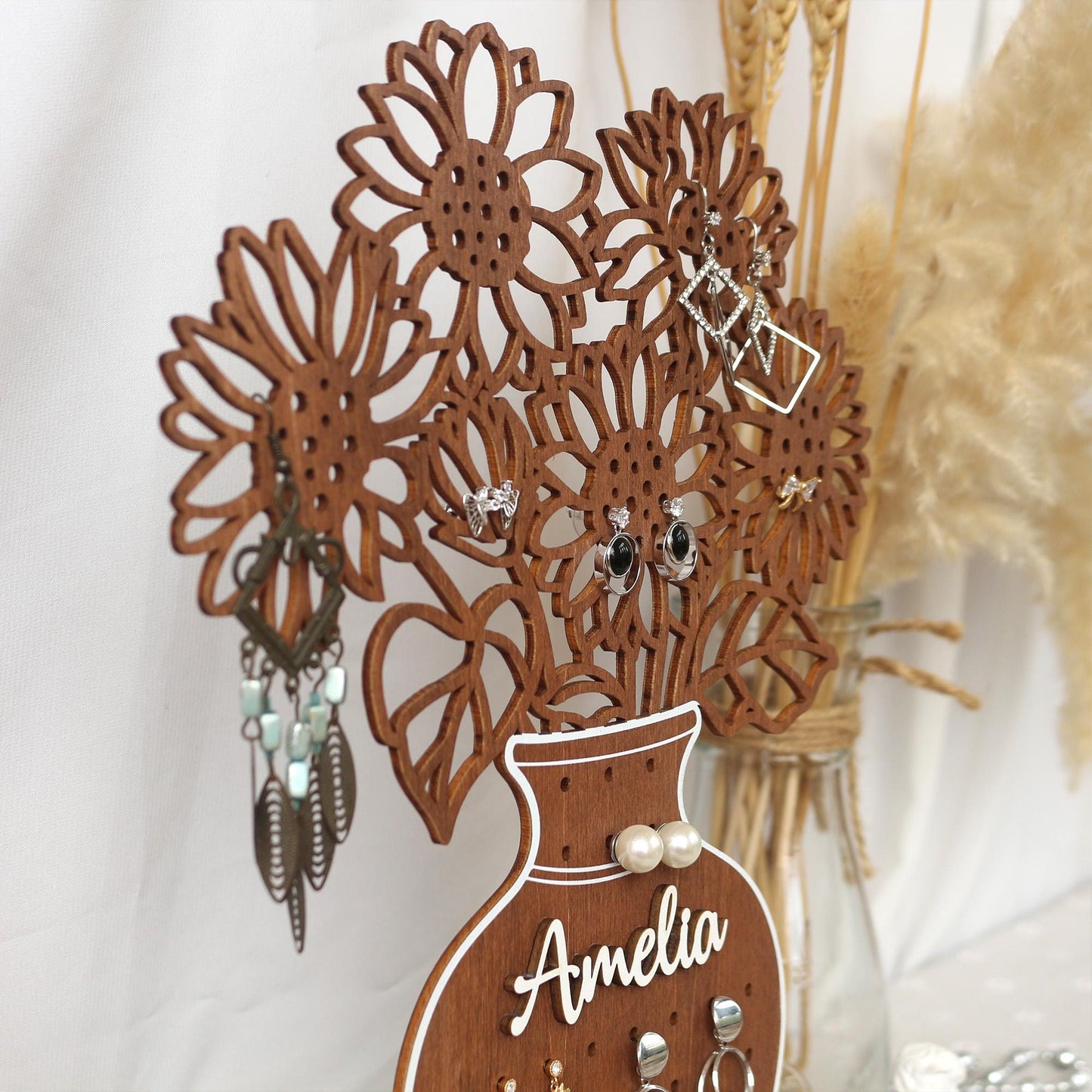 Personalized Sunflower Earring Holder: Wooden Jewelry Organizer