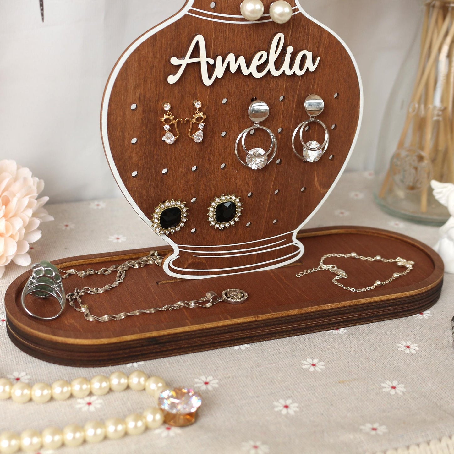 Personalized Sunflower Earring Holder: Wooden Jewelry Organizer