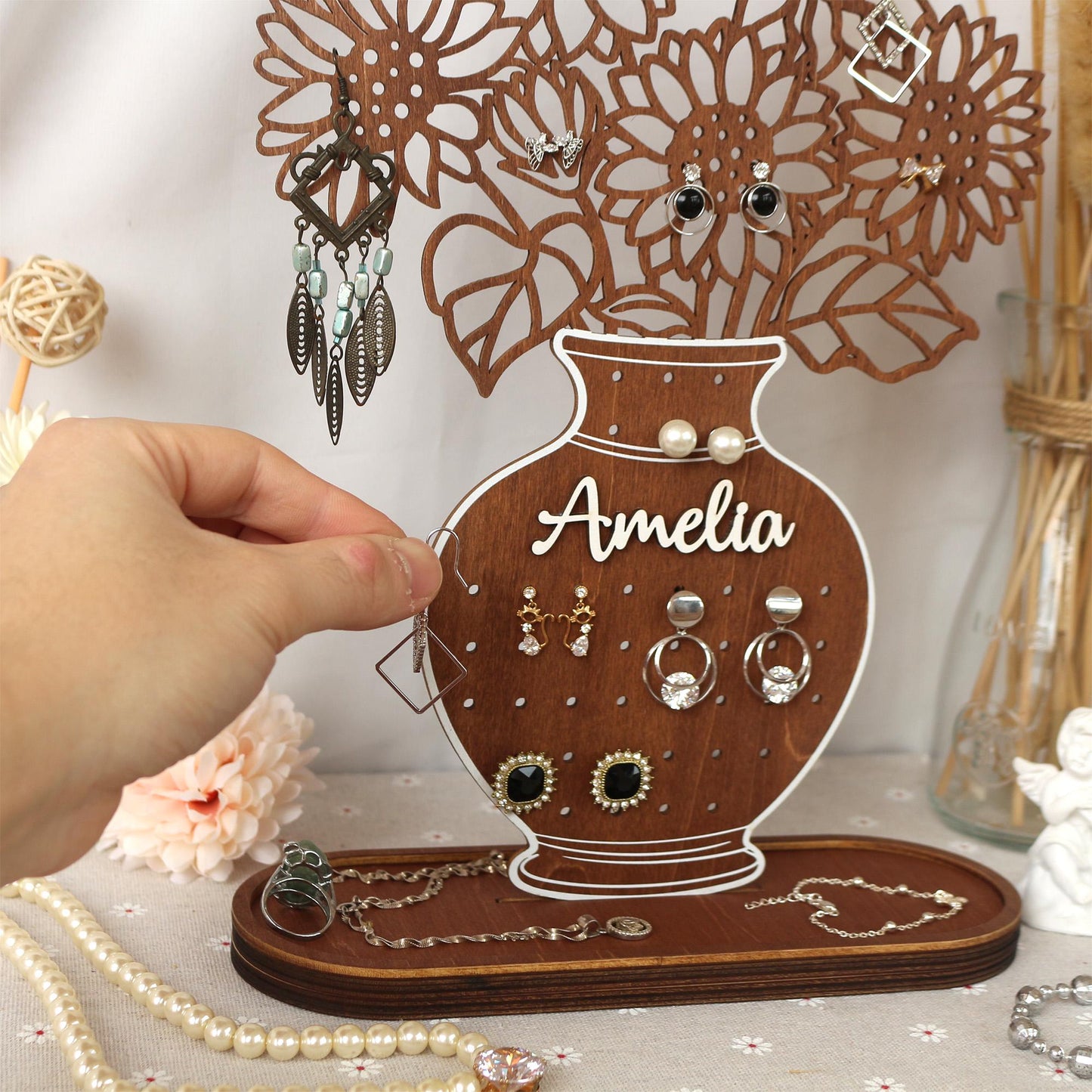 Personalized Sunflower Earring Holder: Wooden Jewelry Organizer