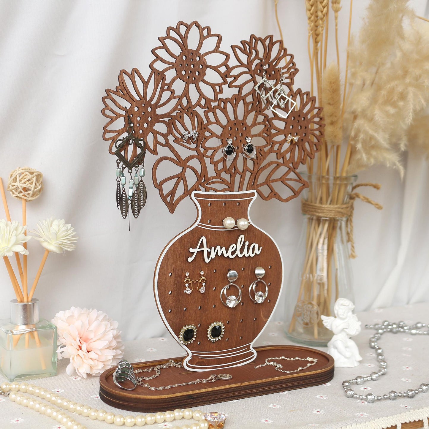 Personalized Sunflower Earring Holder: Wooden Jewelry Organizer