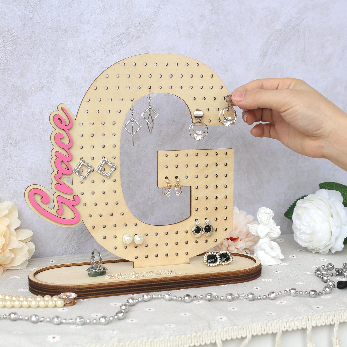 Personalized Wood Earring Holder: Wooden Jewelry Organizer