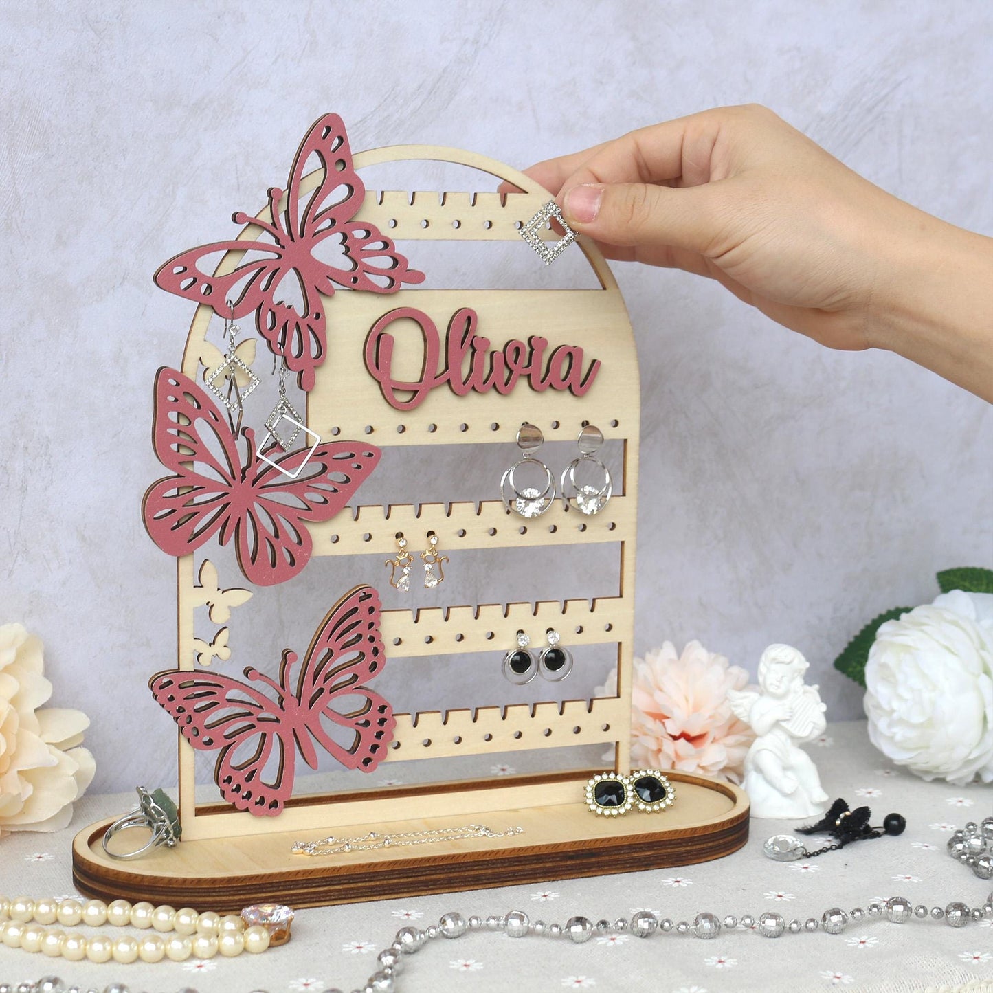 Personalized Wood Earring Holder: Butterfly Jewelry Organizer