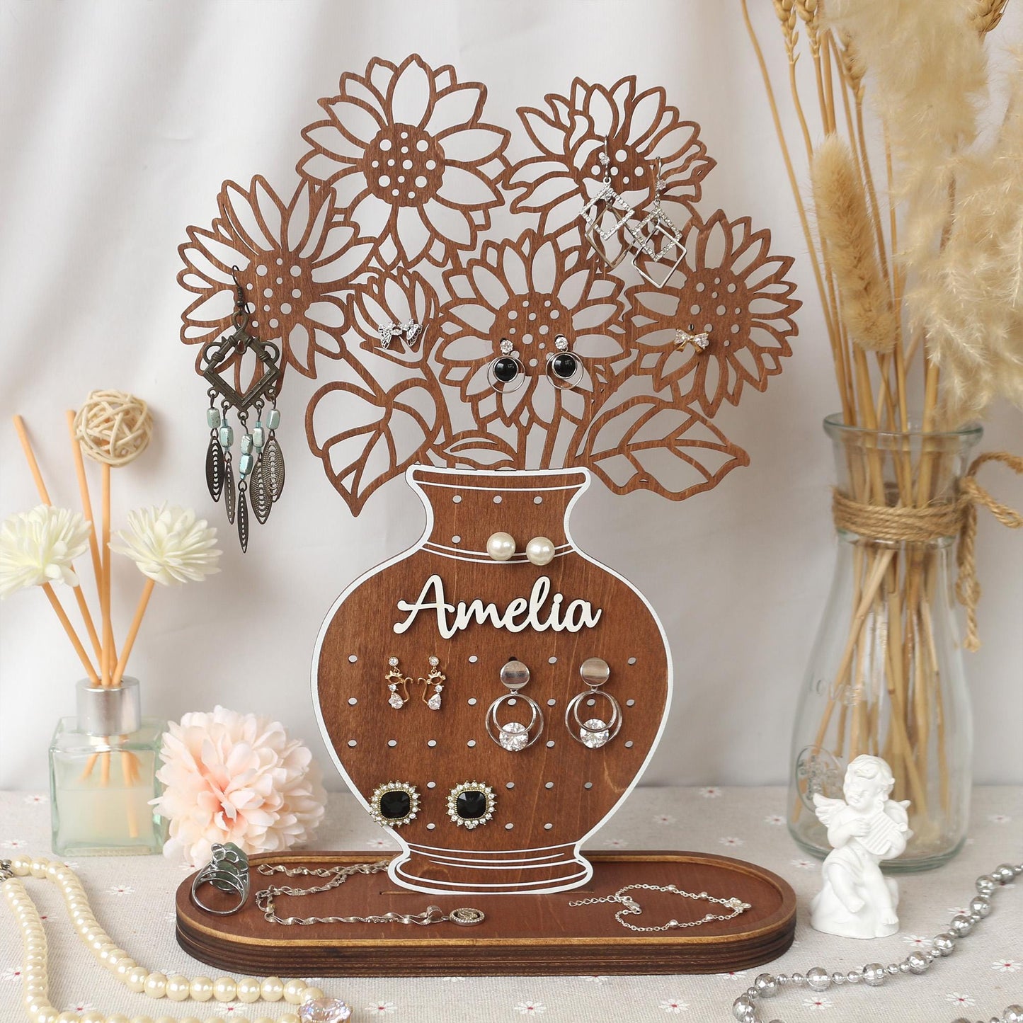 Personalized Sunflower Earring Holder: Wooden Jewelry Organizer