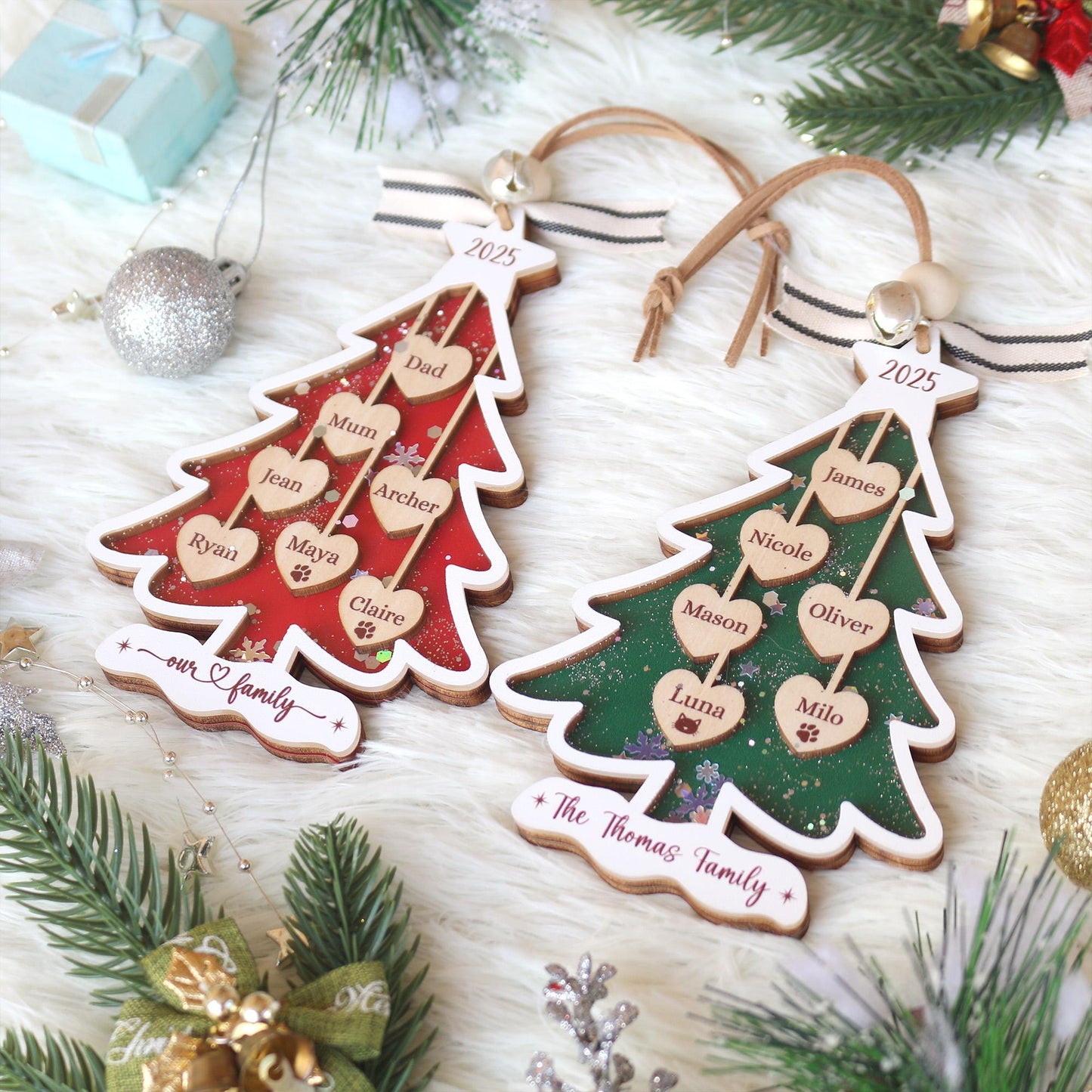 Personalized Christmas Ornament, 2025 Christmas Tree Ornament, Custom Wooden Pet Family Ornament, Christmas Gift for Family, Holiday Decor