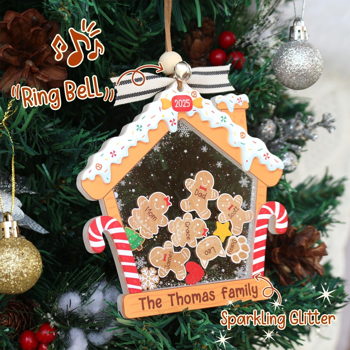Personalized Gingerbread House Family Ornament With Pets, Gingerbread Christmas Ornament 2025, Custom Christmas Gift, 4D Shaker Ornament