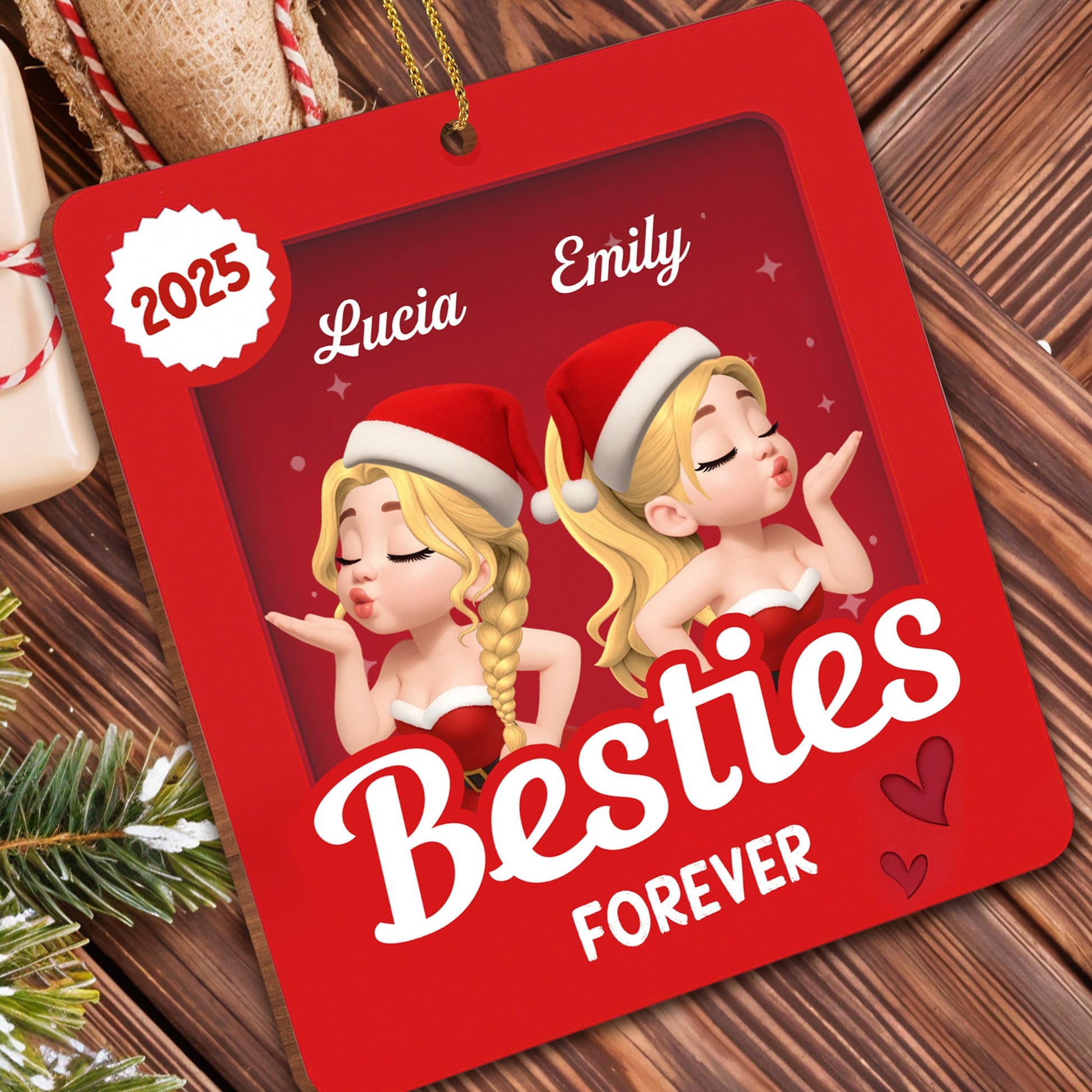 Besties Forever With Santa Hats - Personalized Custom Wood Ornament, Custom Shaped - BST418_WDO