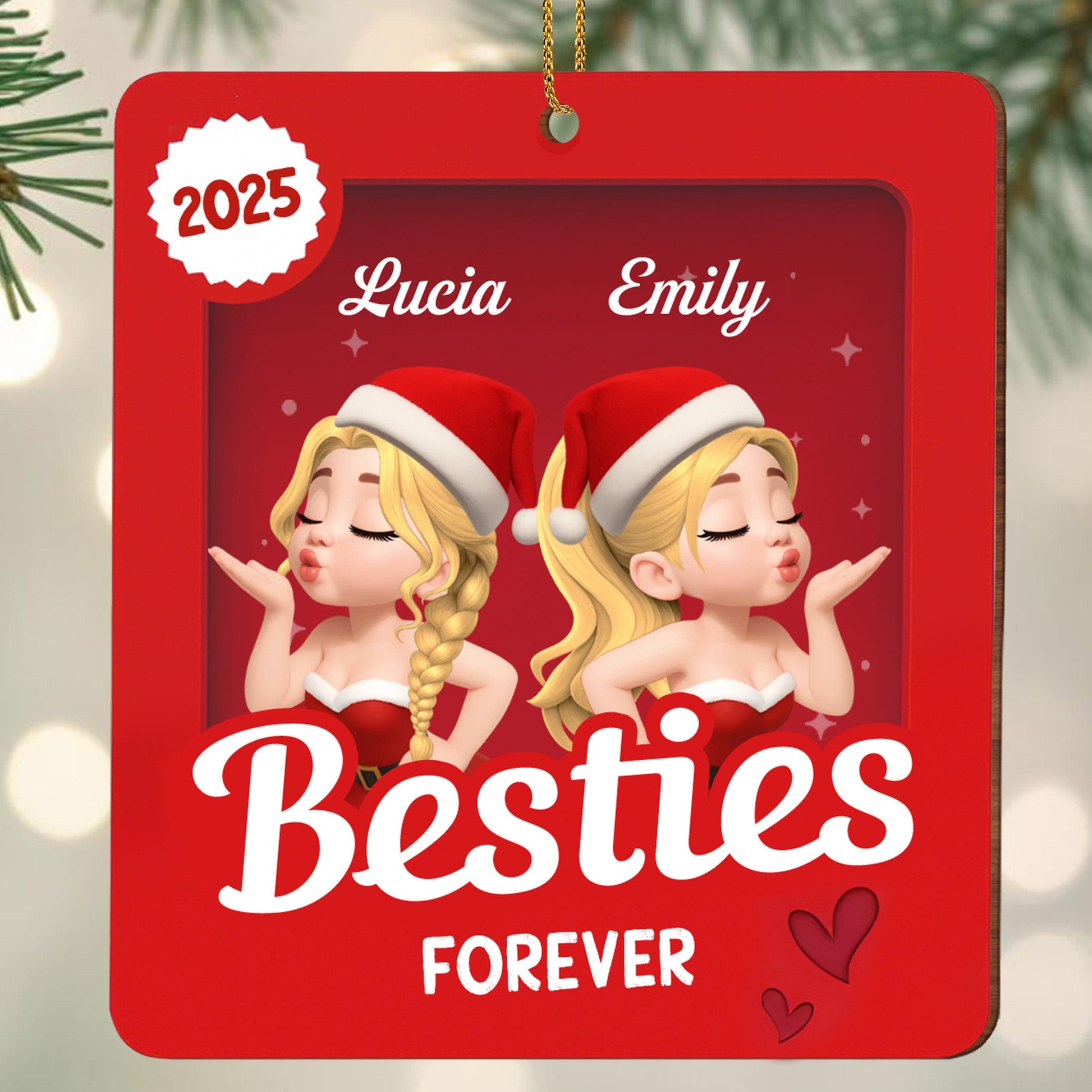 Besties Forever With Santa Hats - Personalized Custom Wood Ornament, Custom Shaped - BST418_WDO