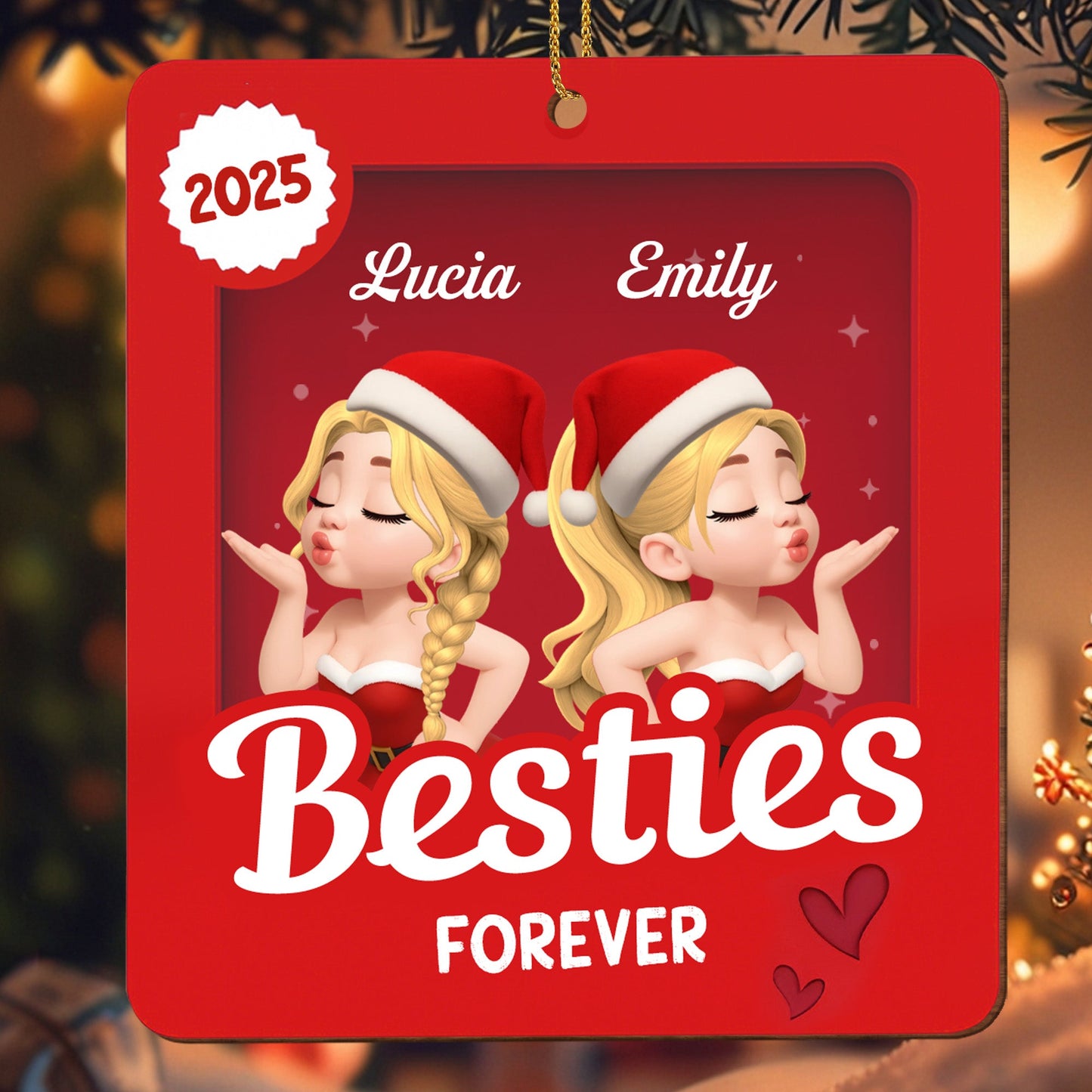Besties Forever With Santa Hats - Personalized Custom Wood Ornament, Custom Shaped - BST418_WDO